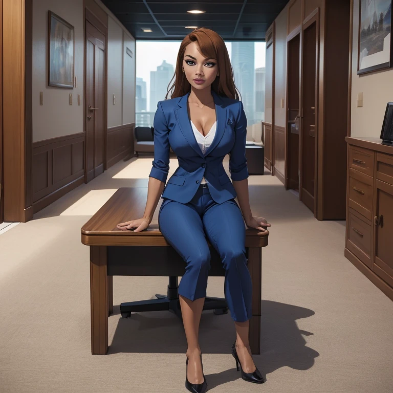 (masterpiece, high quality) woman, formal business suit, shirt, pants, solo , looking at viewer, perfect face, suits tan, tan colour, white shirt,sexy breasts,fit super model body, fit_business_suit s, crystal blue eyes, eyelashes, makeup, skyscraper, full body, she is the boss, ultra quality 4k, super confident, sit like the boss, [From Below, Looking Up][Modern Office Setting] tan colour office suits , tan shoes, ((open clothes)) big breasts out