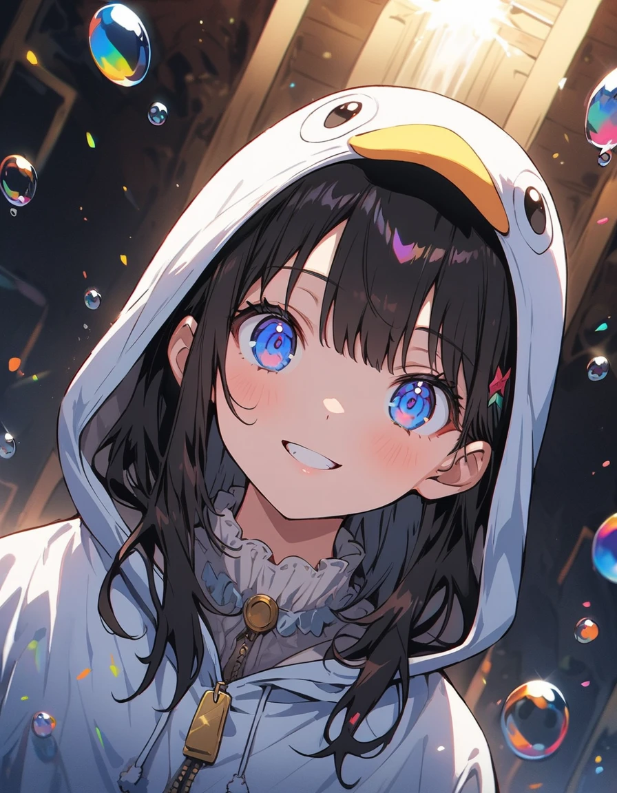 ((Wearing a penguin costume)), girl、cute、Penguin Parade、(highest quality、masterpiece、High resolution、detailed)、animeスタイル、Flat Style、(Beautiful Eyes, Delicate and beautiful face,), BREAK,girl1人、extremely detailed(The Shining), Best lighting, Best Shadow、floating, (High saturation), (Colorful Splash), Colorful bubbles, (Shine), Focus on the face, Dynamic Angle、anime、Pop Background
