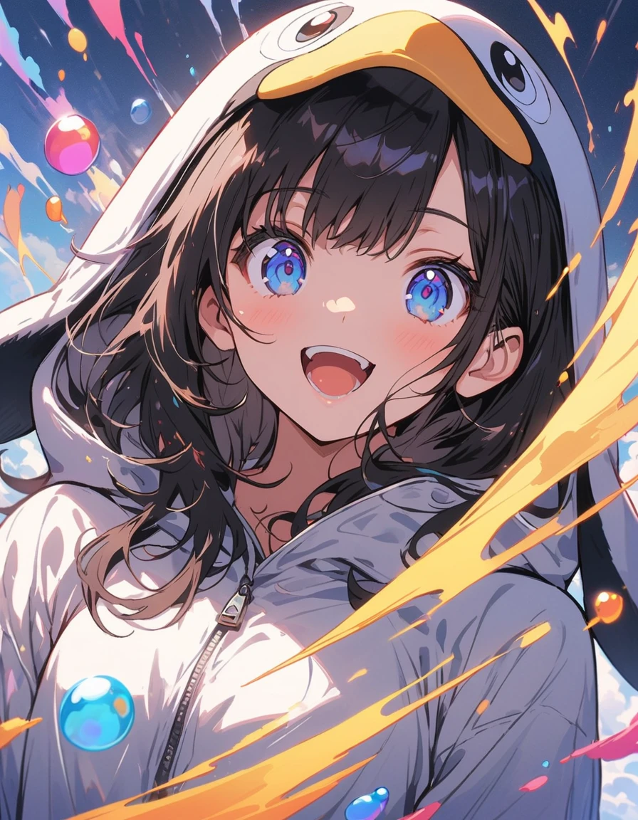 ((Wearing a penguin costume)), girl、cute、Penguin Parade、(highest quality、masterpiece、High resolution、detailed)、animeスタイル、Flat Style、(Beautiful Eyes, Delicate and beautiful face,),  BREAK,girl1人、extremely detailed(The Shining), Best lighting, Best Shadow、floating, (High saturation), (Colorful Splash), Colorful bubbles, (Shine), Focus on the face, Dynamic Angle、anime、Pop Background