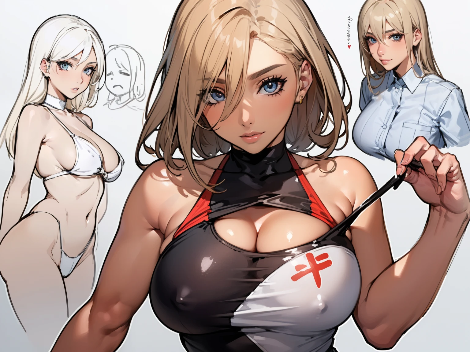 ((masterpiece)),(((best quality))),((character design sheet)),((rough sketch)),((vulgar)),thick thighs,1girl,blond hair,big ,((between breasts)),pussy juice,wearing an Wet sexual sumo wrestling uniform,shirt harf lift,milking