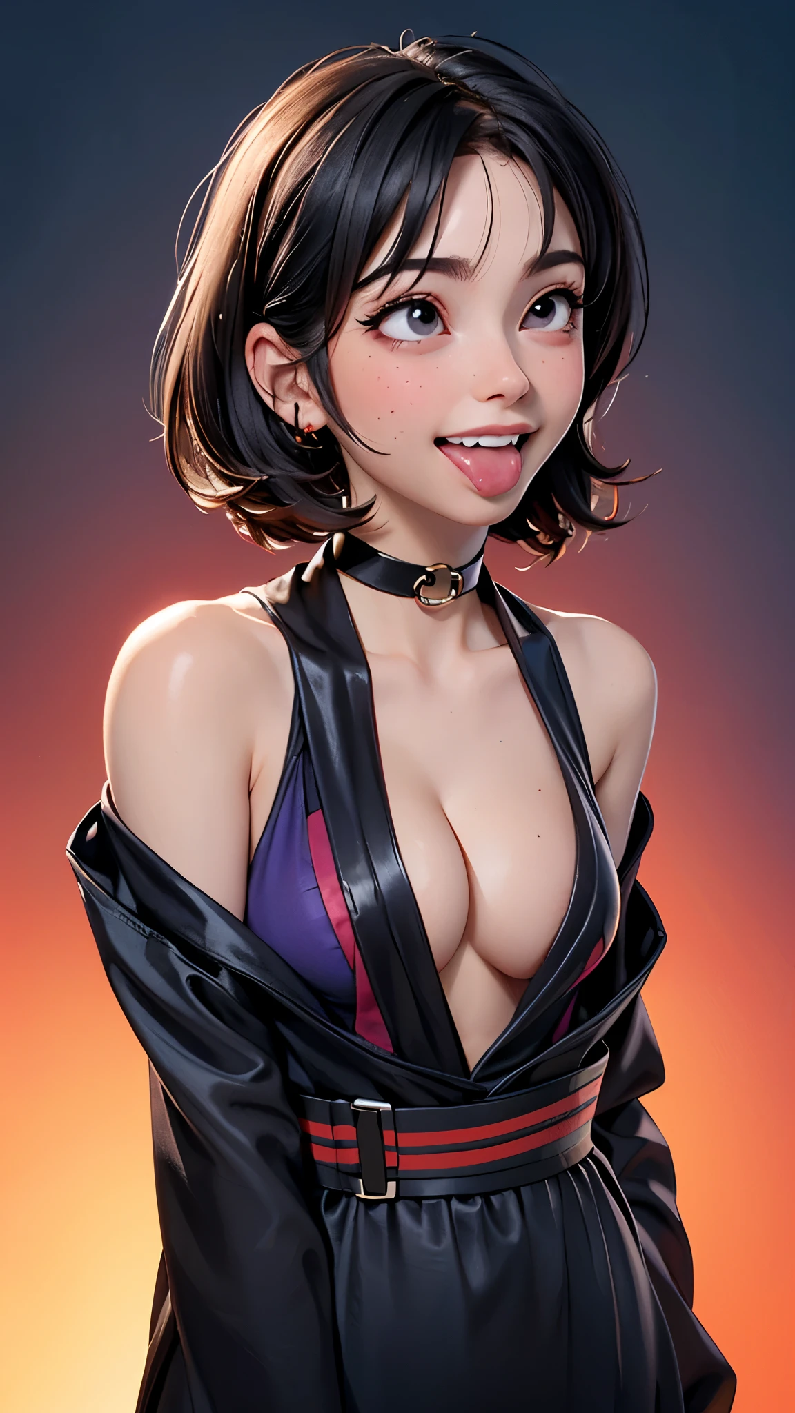 one white girl, solo, slender body, (upper body, bust:1.2), black eyes, black hair, choker, (yukata, transparent clothes:1.3), bare shoulders, belts, shoulder-belts, masterpiece, highly detailed, look at viewer, expressing joy, shiny blured orange background, gradient sprayed background, smile, happy face, naughty grin, front view, gradient red purple background, blured background, glowing edges of image, (abs, tiny breasts, cleavage:1.4)