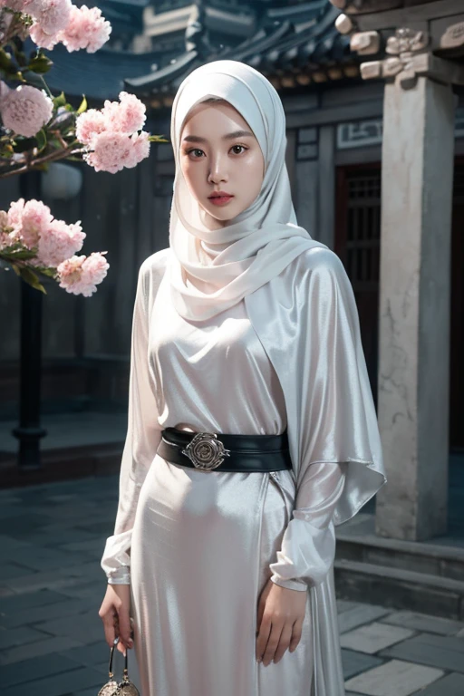 Masterpiece, Best, Night, Full Moon, 1 Indonesian girl, hijab, Chinese Style, Ancient China, Older Sister, Cold Face, Expressionless, girl in Silver White hijab, Pale Pink Lips, Calm, Intellectual, Three Belts, Gray Hitomi's ashes, assassin, dagger, flower ball background, street scene