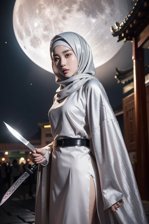 Masterpiece, Best, Night, Full Moon, 1 Indonesian girl, hijab, Chinese Style, Ancient China, Older Sister, Cold Face, Expressionless, girl in Silver White hijab, Pale Pink Lips, Calm, Intellectual, Three Belts, Gray Hitomi's ashes, assassin, dagger, flower ball background, street scene