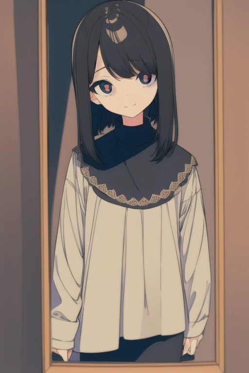 1girl, solo, bow, cute, mysterious, black hair, Gurukuru eyes, smile, dress, Simple line, minimalism,Abstract Art, in mirror, person (usu. female) with an unhealthy romantic obsession (has a connotation of mental instability), horror
