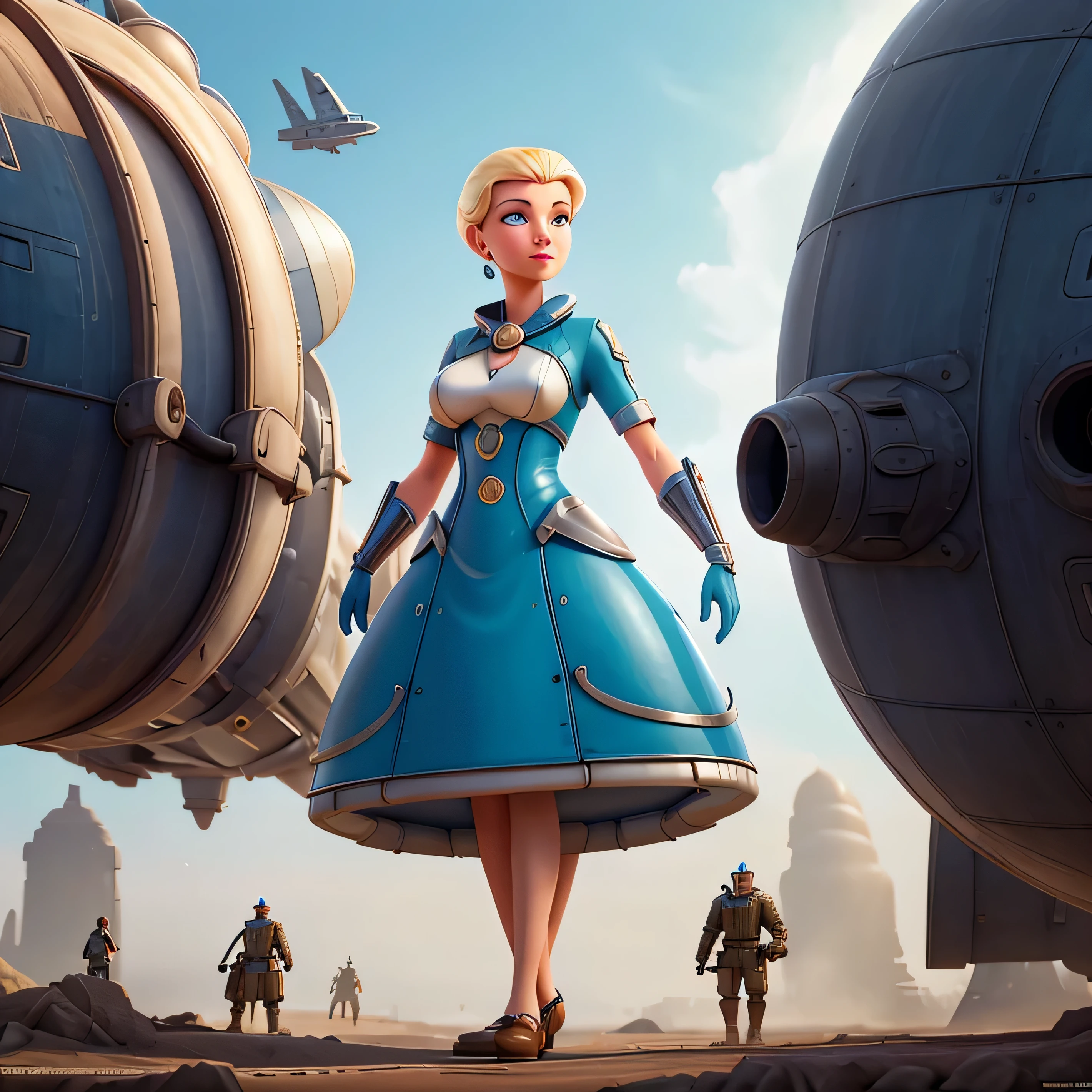 there's a woman in a futuristic dress standing in front of a bunch of people, large dieselpunk airships, driblar, inspirado em Gil Elvgren, mulher paladina de fantasia, inspirado em Mark Brooks, [ bolhas, portrait of helen of troy, sci - fi : :, armadura dourada
