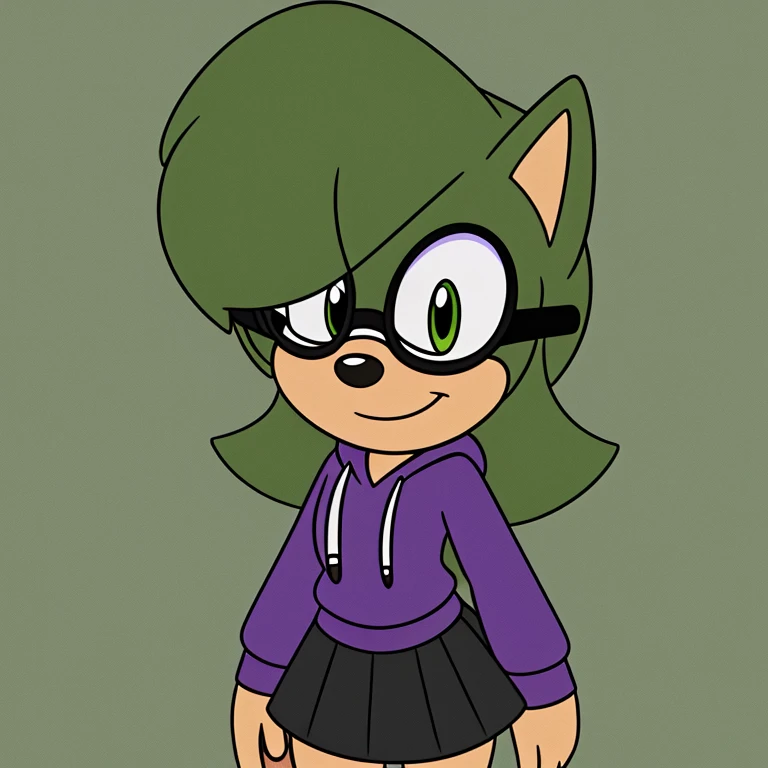Female Mobian, Hedgehog (green color), messy hairstyle, big NERDY glasses, purple hoodie, grey skirt,