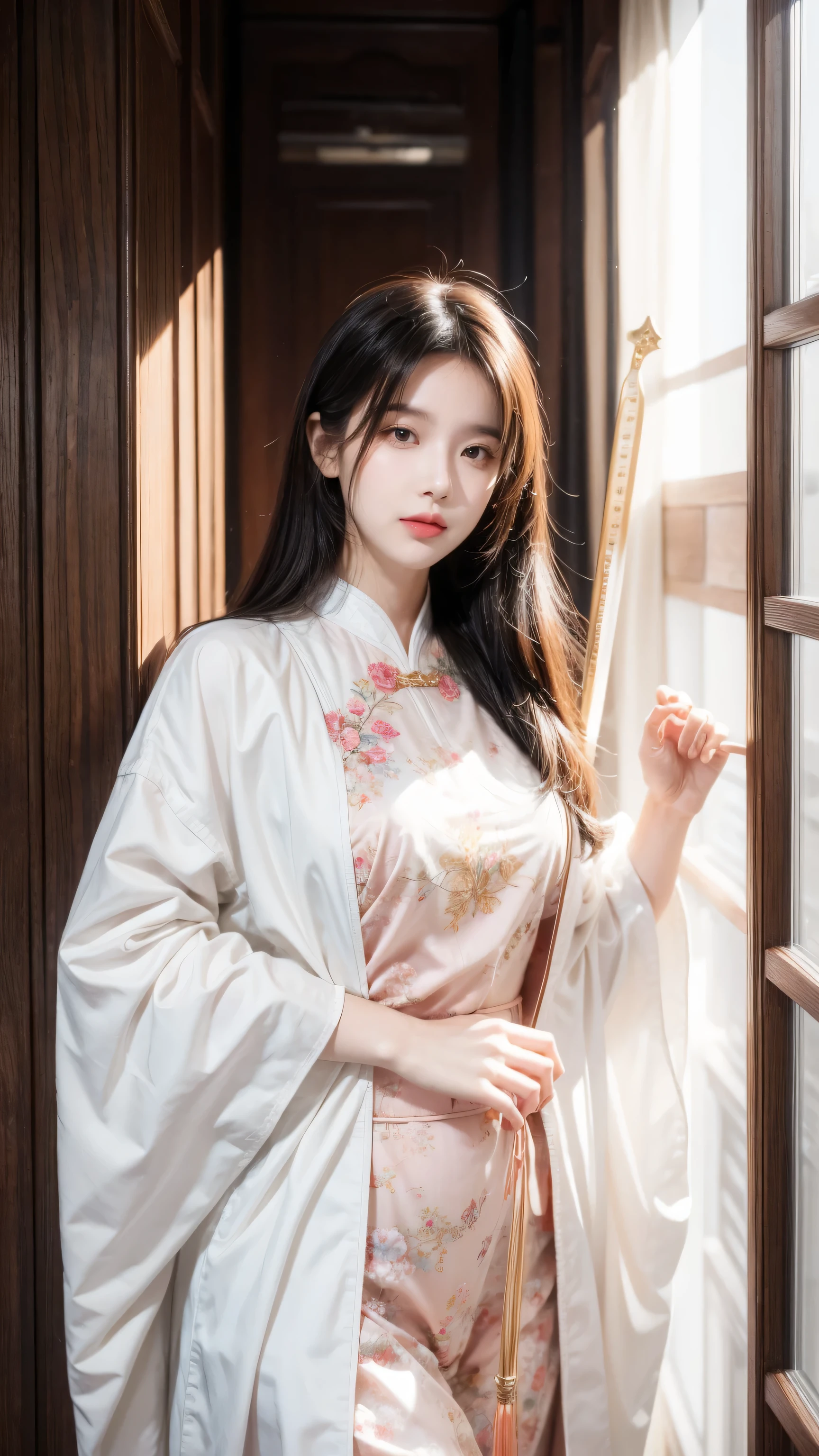 best quality, masterpiece, high resolution,3 girls,Pretty Face,whole body,Chinese clothes,White Taoist robe,Right hand holding sword (Gorgeous decoration),peach,
