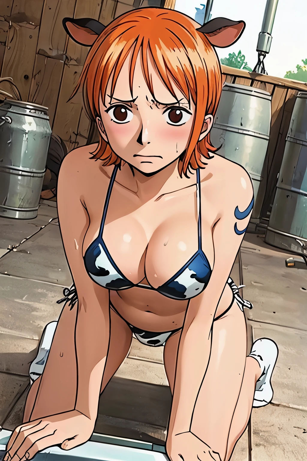 (chubby) woman (Nami) waering a (cow costume), bikini, humilation, crawling on all fours, pain, embarrassed, ashamed, in a dairy, (milking machine), milk cans