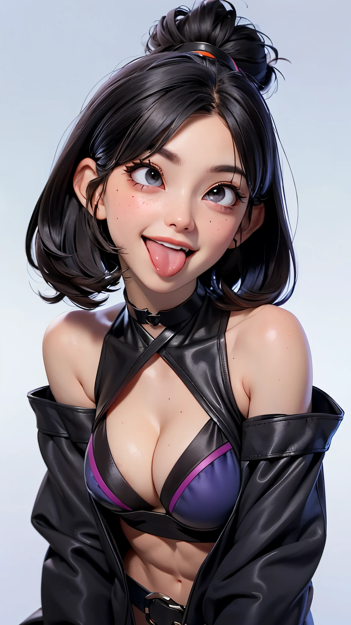 one white girl, solo, slender body, (upper body, bust:1.2), black eyes, black hair, choker, (yukata, transparent clothes:1.3),  shoulders, belts, shoulder-belts, masterpiece, highly detailed, look at viewer, expressing joy, shiny blured orange background, gradient sprayed background, smile, happy face,  grin, front view, gradient red purple background, blured background, glowing edges of image, (abs, tiny , cleavage:1.4)