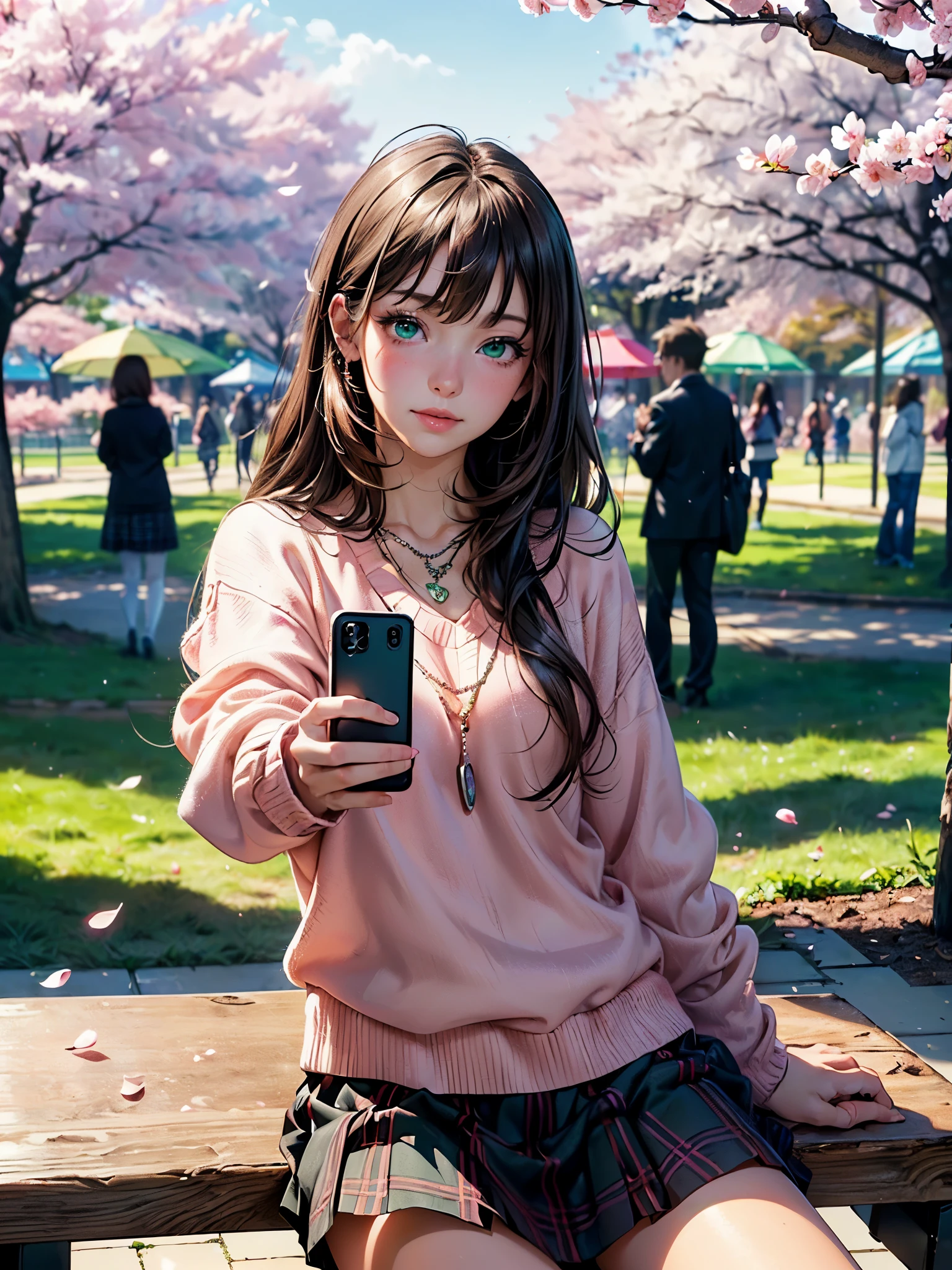 ((table top, highest quality, High resolution, nffsw, perfect pixel, Depth of bounds written, 4K, nffsw, nffsw))), 1 girl, single, alone, beautiful anime girl, beautiful art style, anime character, ((long hair, bangs, brown hair)), ((green eyes:1.4, round eyes, beautiful eyelashes, realistic eyes)), ((detailed face, blush:1.2)), ((smooth texture:0.75, realistic texture:0.65, realistic:1.1, Anime CG style)), dynamic angle, ((throw, Selfie Pose, portrait)), ((pink sweater, long sleeve, black skirt, plaid skirt, Snazzy, 1 diamond necklace)), smile, amusement park, ((Cherry tree, Cherry blossoms fall))