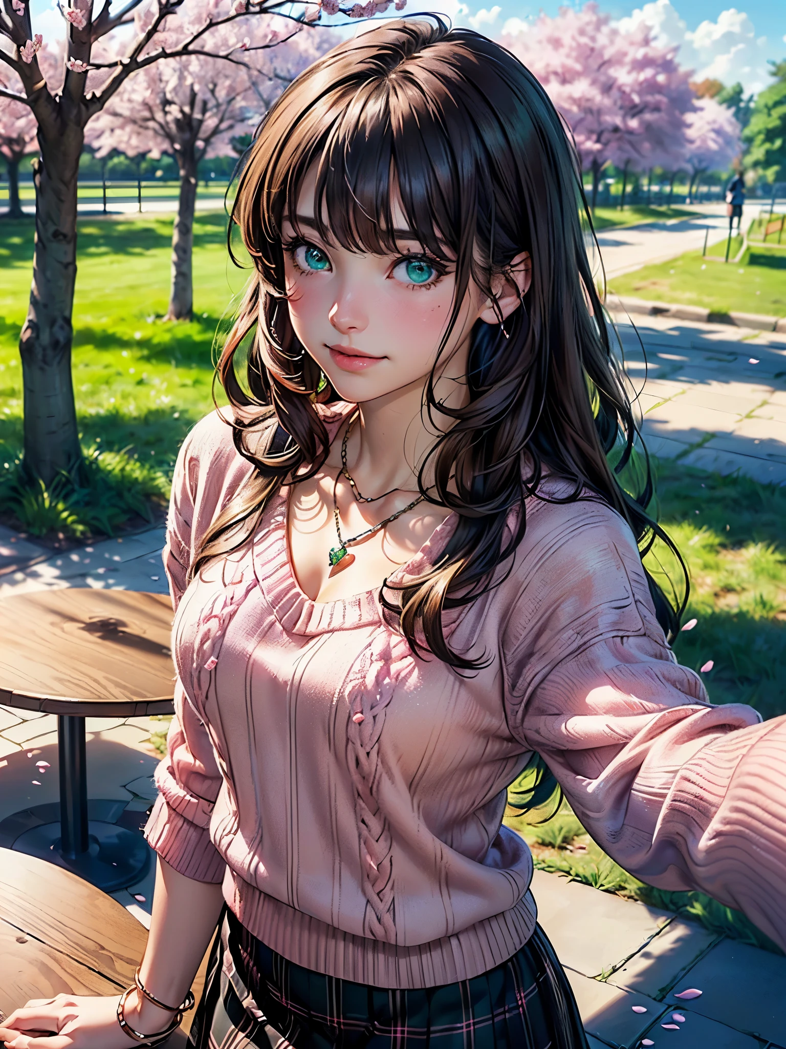 ((table top, highest quality, High resolution, nffsw, perfect pixel, Depth of bounds written, 4K, nffsw, nffsw))), 1 girl, single, alone, beautiful anime girl, beautiful art style, anime character, ((long hair, bangs, brown hair)), ((green eyes:1.4, round eyes, beautiful eyelashes, realistic eyes)), ((detailed face, blush:1.2)), ((smooth texture:0.75, realistic texture:0.65, realistic:1.1, Anime CG style)),  dynamic angle,  ((throw, Selfie Pose, portrait)), ((pink sweater, long sleeve, black skirt, plaid skirt, Snazzy, 1 diamond necklace)), smile,  amusement park, ((Cherry tree, Cherry blossoms fall))