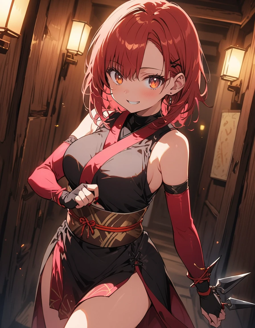 Beautiful girl, Female ninja,Female Ninja、 Short Red Hair, Sparkling brown eyes, (arms、Kunai),  a purple and pink , (lit),Thighs、 Castle town background at night, Japanese Castle Town、複雑なdetailed,(highest quality、masterpiece、High resolution、detailed)、animeスタイル、Flat Style、(Shining Eyes、detailed美しい顔),  BREAK,extremely detailed(The Shining), Best lighting, Best Shadow、High saturation、Dynamic Angle、anime