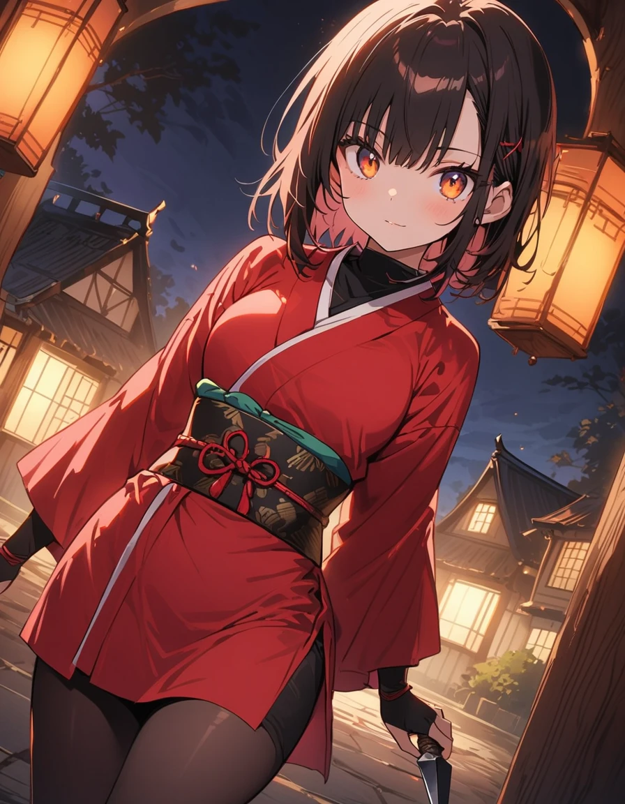 Beautiful girl, Female ninja,Female Ninja、 Short Red Hair, Sparkling brown eyes, (arms、Kunai),  a purple and pink , (lit),Thighs、 Castle town background at night, Japanese Castle Town、複雑なdetailed,(highest quality、masterpiece、High resolution、detailed)、animeスタイル、Flat Style、(Shining Eyes、detailed美しい顔),  BREAK,extremely detailed(The Shining), Best lighting, Best Shadow、High saturation、Dynamic Angle、anime