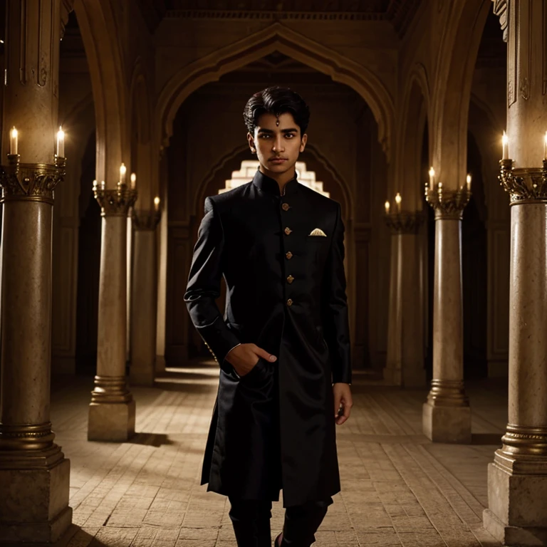 Young handsome boy wearing black sherwani standing in a palace 