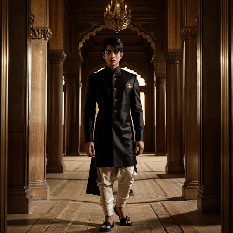 Young handsome boy wearing black sherwani standing in a palace