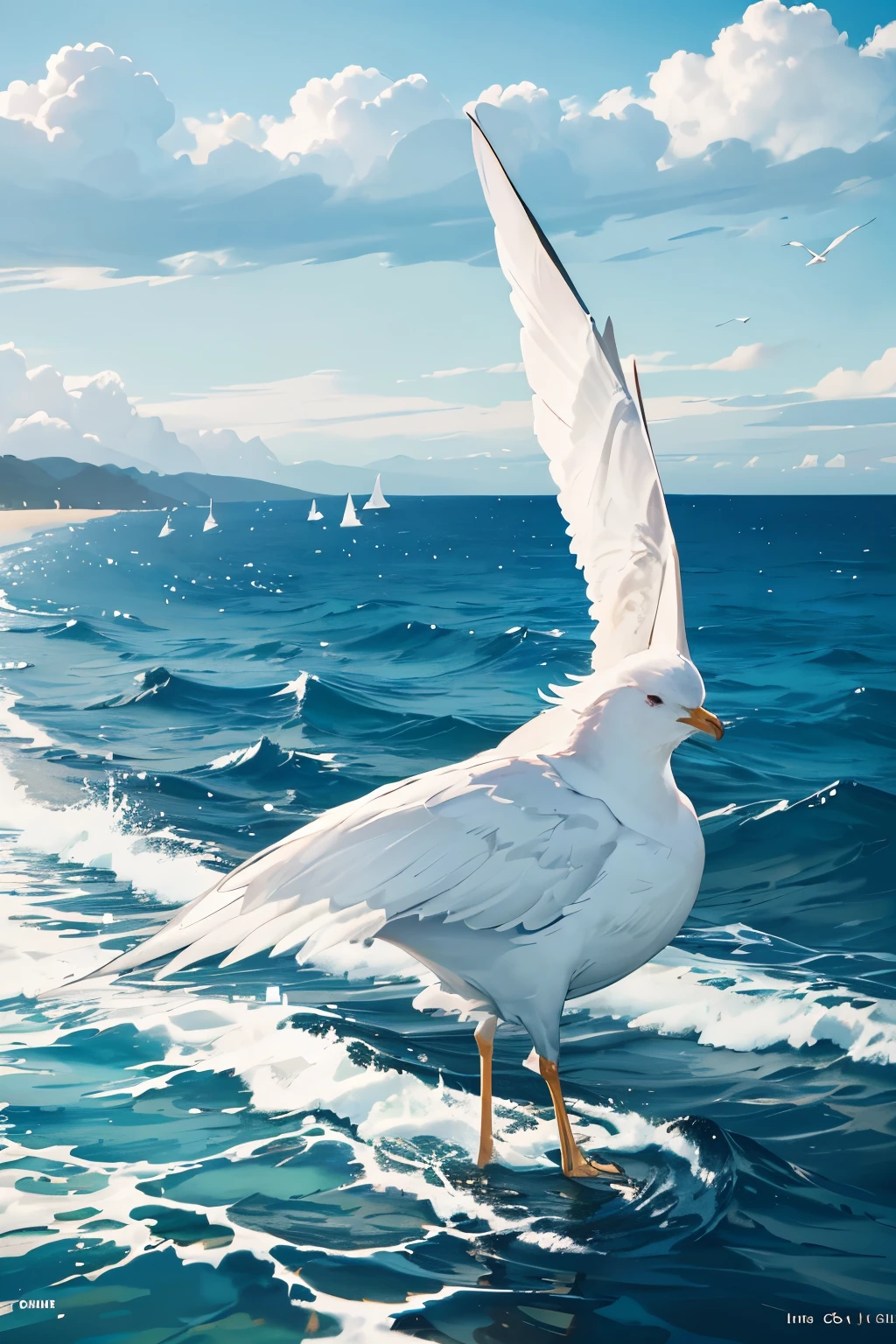 Stable Diffusion prompt:
Seagulls flying in the vast blue sky, Waves gently rolling towards the shore, Sunlight reflecting off the water, Ultra-detailed, Realistic, High definition, Ultra-fine painting, Sharp focus, Manage a soft-box lighting setup, Capturing the essence of a serene seaside scene, Blue and white color palette, Atmospheric, Clean lines, iintricate, Vibrant, Best quality, 4K, HDR.