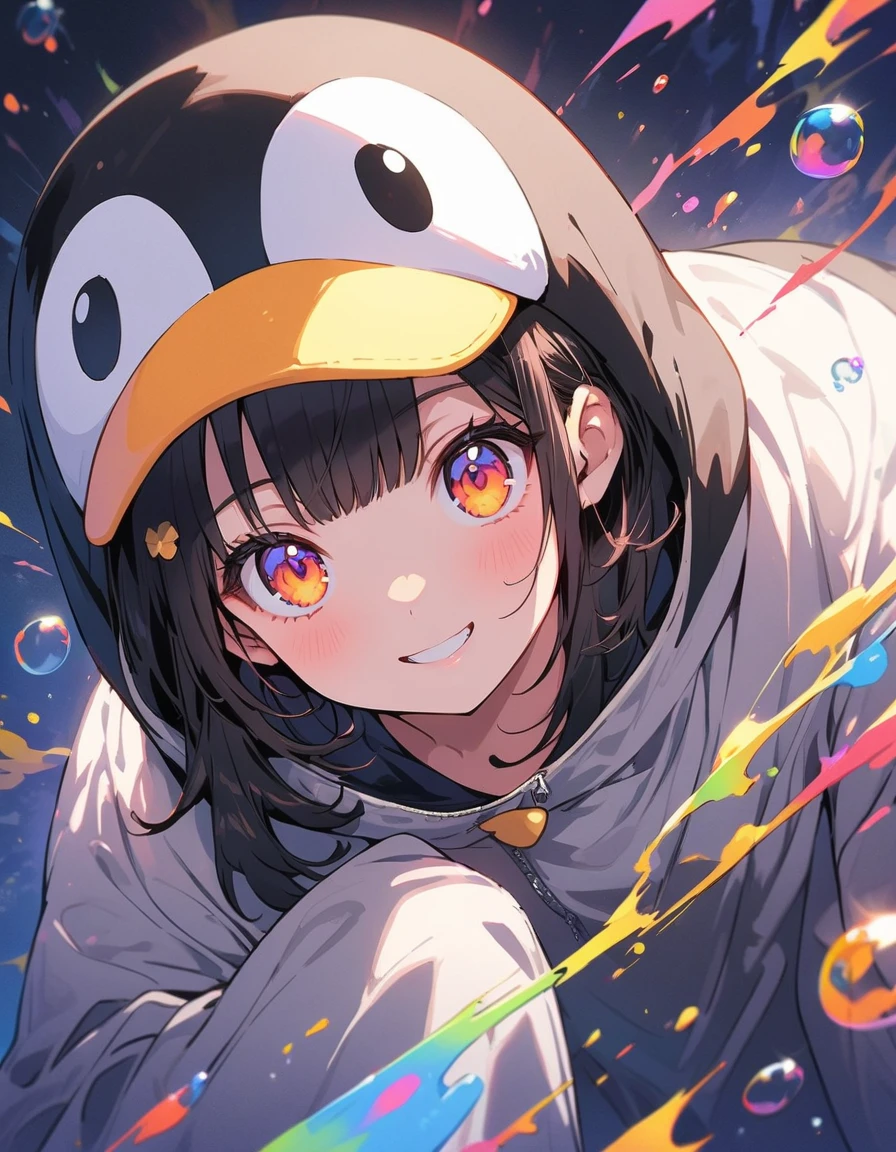 ((Wearing a penguin costume)), girl、cute、Penguin Parade、(highest quality、masterpiece、High resolution、detailed)、animeスタイル、Flat Style、(Beautiful Eyes, Delicate and beautiful face,), BREAK,girl1人、extremely detailed(The Shining), Best lighting, Best Shadow、floating, (High saturation), (Colorful Splash), Colorful bubbles, (Shine), Focus on the face, Dynamic Angle、anime、Pop Background