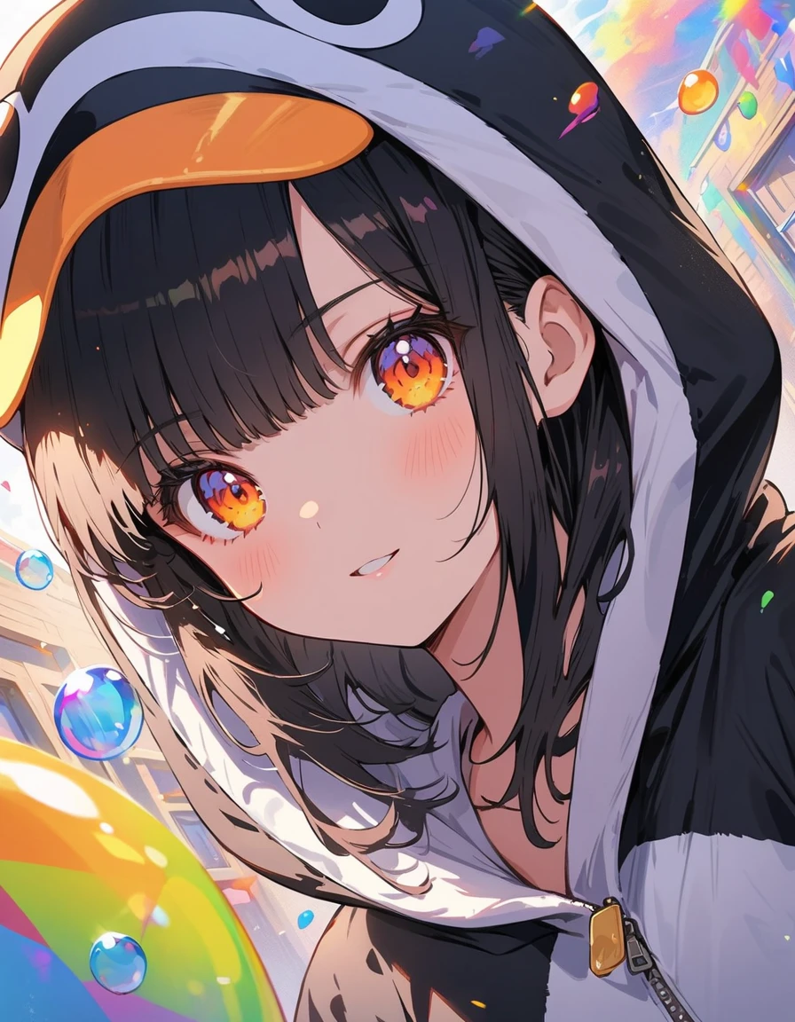 ((Wearing a penguin costume)), girl、cute、Penguin Parade、(highest quality、masterpiece、High resolution、detailed)、animeスタイル、Flat Style、(Beautiful Eyes, Delicate and beautiful face,),  BREAK,girl1人、extremely detailed(The Shining), Best lighting, Best Shadow、floating, (High saturation), (Colorful Splash), Colorful bubbles, (Shine), Focus on the face, Dynamic Angle、anime、Pop Background