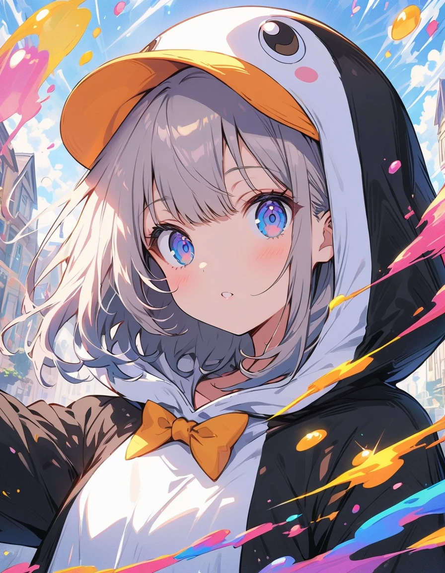 ((Wearing a penguin costume)), girl、cute、Penguin Parade、(highest quality、masterpiece、High resolution、detailed)、animeスタイル、Flat Style、(Beautiful Eyes, Delicate and beautiful face,), BREAK,girl1人、extremely detailed(The Shining), Best lighting, Best Shadow、floating, (High saturation), (Colorful Splash), Colorful bubbles, (Shine), Focus on the face, Dynamic Angle、anime、Pop Background