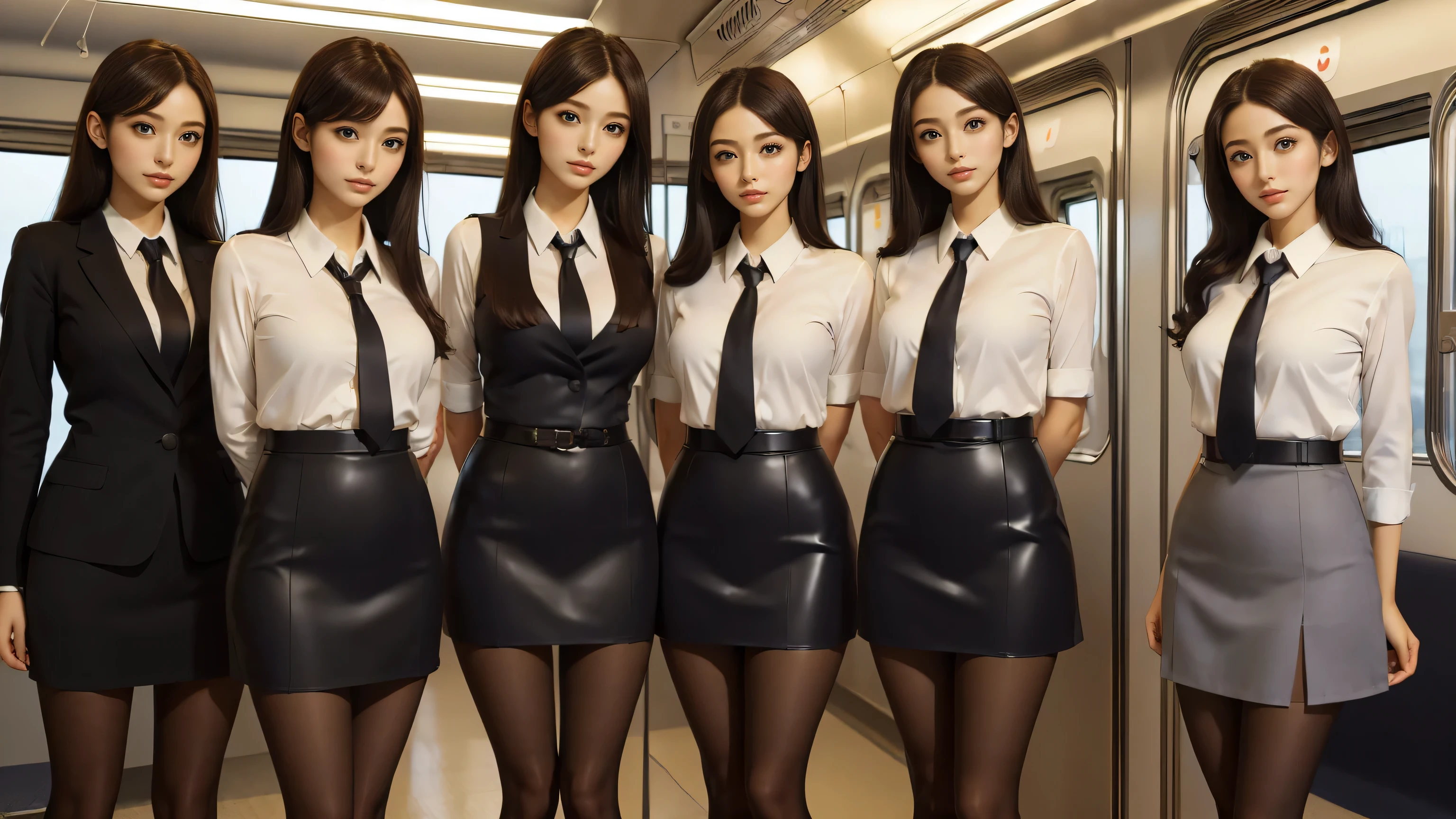 (best quality, masterpiece:1.5), (ultra-detailed, realistic:1.37),(4girls:1.5),japanese,perfect face, perfect arms, perfect legs,perfect fingers,office uniform,skirt,black latex pantyhose,seiza in the train,(standing:1.2),(arms crossed:1.2)