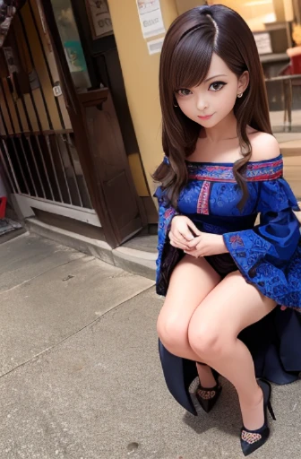 highest quality，masterpiece，The ultimate solution，Brown hair, semi-long、fluffy，Very colorful，The beauty of Chinese dress,One girl,((Off-the-shoulder blue micro mini cheongsam、Slit at waist))，White lace panties,((Standing girl)),anklet，((High heels))，High heels，Correct posture、In front of the coffee shop、((Shot to the knee)),