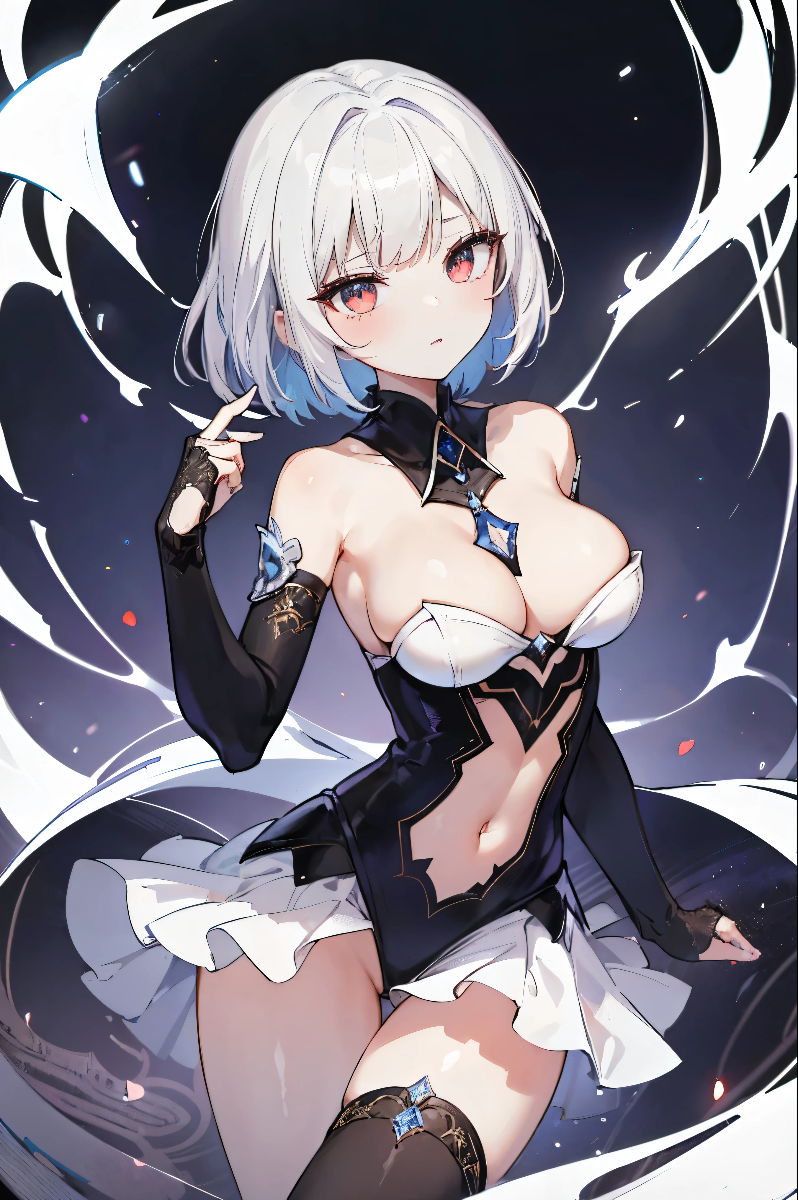 1girl, anime, cute girl, blank background, white background, fantasy, detailed fantasy dress with highlights, beautiful face, beautiful eyes, dark colors, black hair with multicolor streaks, red eye with different color pupil in eye, multicolor eye, medium breasts, slight cleavage, beautiful skin, cute, breast curtains, extremely delicate and beautiful, (beautiful detailed face:1.0), (detailed deep eyes), symmetrical breasts, deep eyes, shiny skin, portrait, slender waist, hips wider than shoulders, thighs, expressionless, young girl, luminous eyes, adorable,(Kpop idol),(aegyo sal:1),(Platinum blonde hair:1),((puffy eye)),Black panty,sexy posture,Superskirt, Ultra-high resolution,Black collar,slim figure, Abdominal y tattoo, womb tattoo,Tight-fitting leg ring,y tattoo on half-body,Bare skin, Armored hand,Hidden fingertips,Hand covered,Arm covered,Fist covered,{{beautiful detailed fingers}}, tufts of hair, moderate beautiful breast:1.0,(masterpiece:1.2), best quality, high-res, HDR, perfect face, intricate armor, delicate blue filigree, intricate filigree, red metalic parts, detailed part, dynamic pose, dynamic lights, cute face, neutral expression