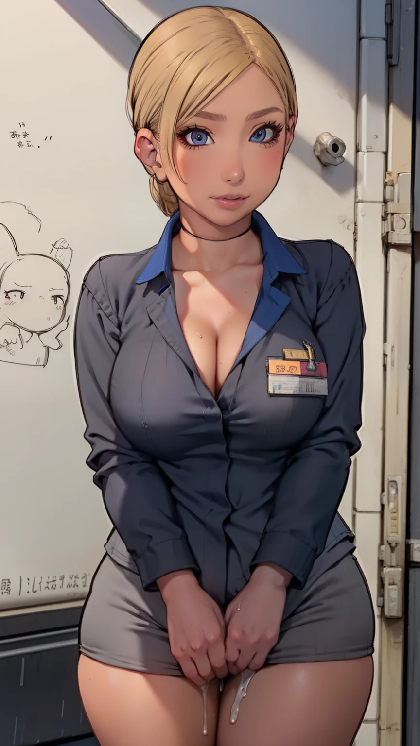 ((masterpiece)),(((best quality))),((character design sheet)),((rough sketch)),((vulgar)),thick thighs,1girl,blond hair,big ,((between breasts)),pussy juice,wearing an Wet sexual stewardess uniform,shirt harf lift,milking