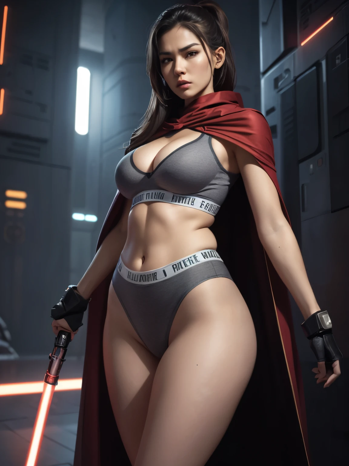 Photorealistic Girl with sci-fi futuristic underwear, matching bra and panties, variety of underwear colours, camel toe, cleavage, tight underwear, jedi tattoo, jedi cape, action pose, angry expression, droid companion, star wars themed background, sfw, 