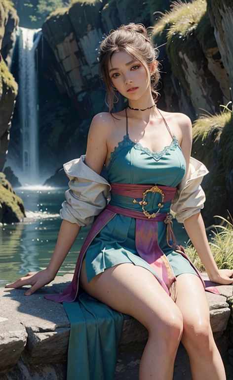 {{{masterpiece}}},{{full body}}, girl sitting, fairyland,waterfall,from above,dynamic angle ,{extremely detailed CG unity 8k wallpaper},best quality,Amazing,finely detail,solo,cinematic lighting,close-up,outdoors,sky,{{wind}},detailed background,beautiful detailed eyes,,bright pupils, dynamic pose,dynamic angle,((looking at viewer )) detailed clothes,portrait of a ethereal magical young princess wearing a white/red/green/blue/pink/blue/purple + chest pleated skirt, black long hair, half updo,hair stick,floating hair,intricate, elegant, highly detailed, digital painting, artstation, concept art, smooth, sharp focus, illustration, art by greg rutkowski, ruan jia, (rainbow-candy:0.8) (style-swirlmagic:0.8)
