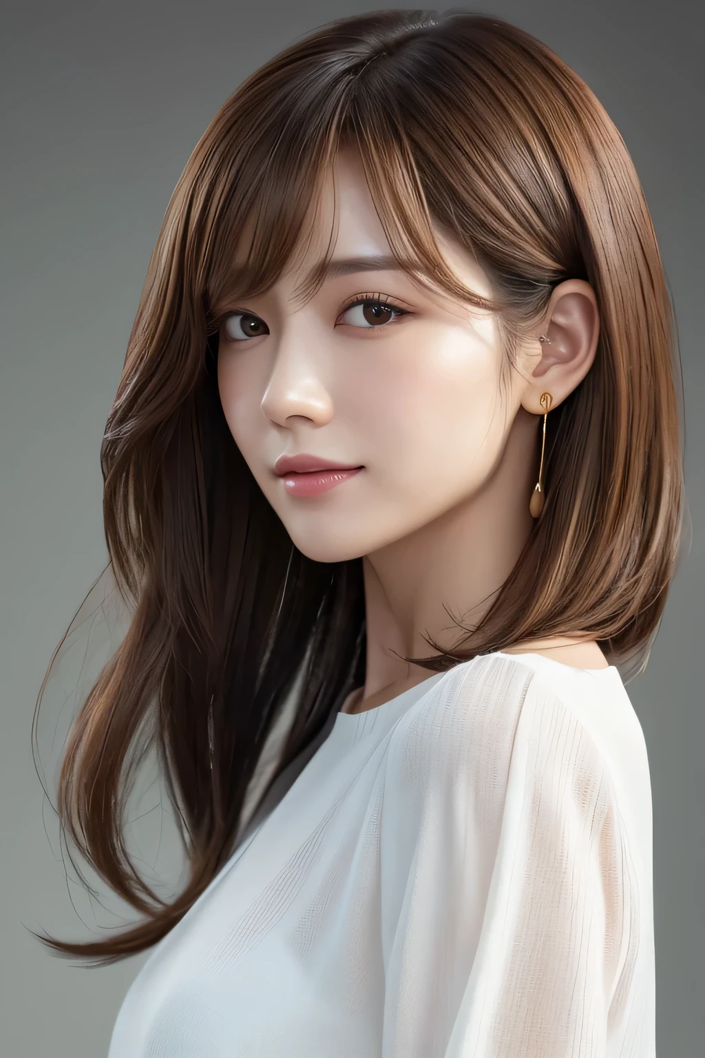 Bob, Chin-length hair, wavy Bobの長さの髪, Chiho, Shoulder-length hair, Shoulder-length hair, Light brown neat hair, Mid-length hair, Chie Yoshii's Style, Medium length hair, Light Brown Hair, 別れたLight Brown Hair,A refreshing long-sleeved white blouse for summer,masterpiece, highest quality, (Highly detailed CG Unity 8k wallpaper), (highest quality),Raw photo,超A high resolution、(Photorealistic:1.4)、Highly detailed and professionally lit smile、Super detailed face、、Golden Hour Lighting,Highly detailed CG Unity 8k,Her profile.Hair with details like in the photo、Hair like a live action,Concrete wall background,Expressionless woman,Dark Eyes
