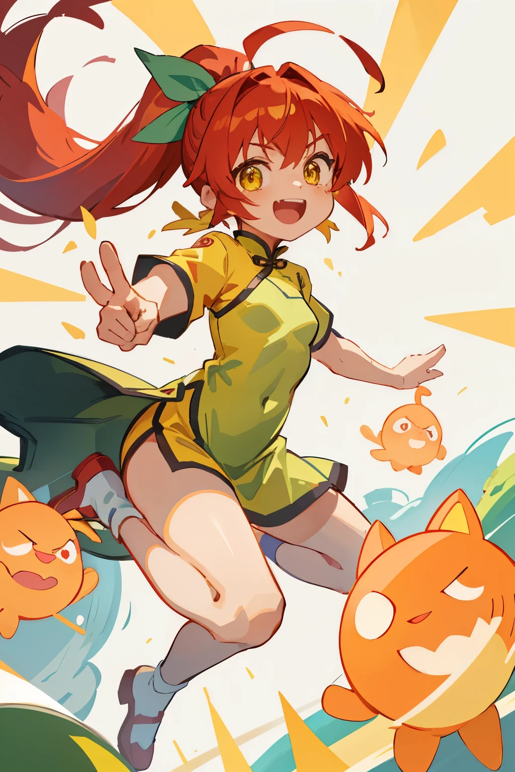masterpiece, highest quality, Small breasts、crimson hair、ponytail、Green hair ribbon、8age、Brat、Dynamic Angle、Glowing yellow eyes、Bangs between the eyes、Chili pepper hair ornament on bangs、Ahoge, China dress、Kung Fu Shoes、Look at the viewers, Laughter, Open your mouth、Ecstatic expression