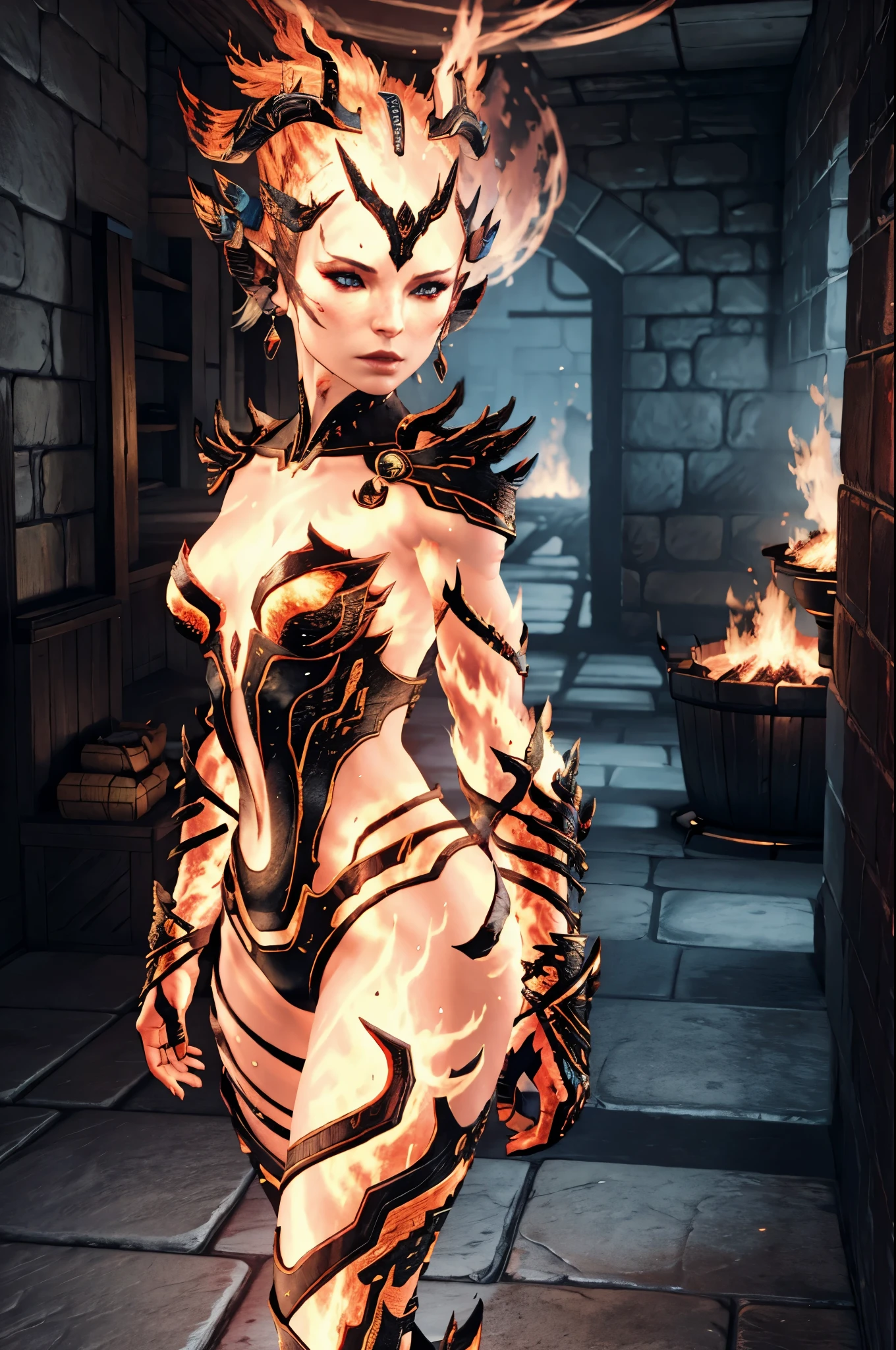 Fire maiden, fire atranach from Skyrim, Elemental, Fire Skin, fire, flame hair, Ifrit, high quality , Masterpiece