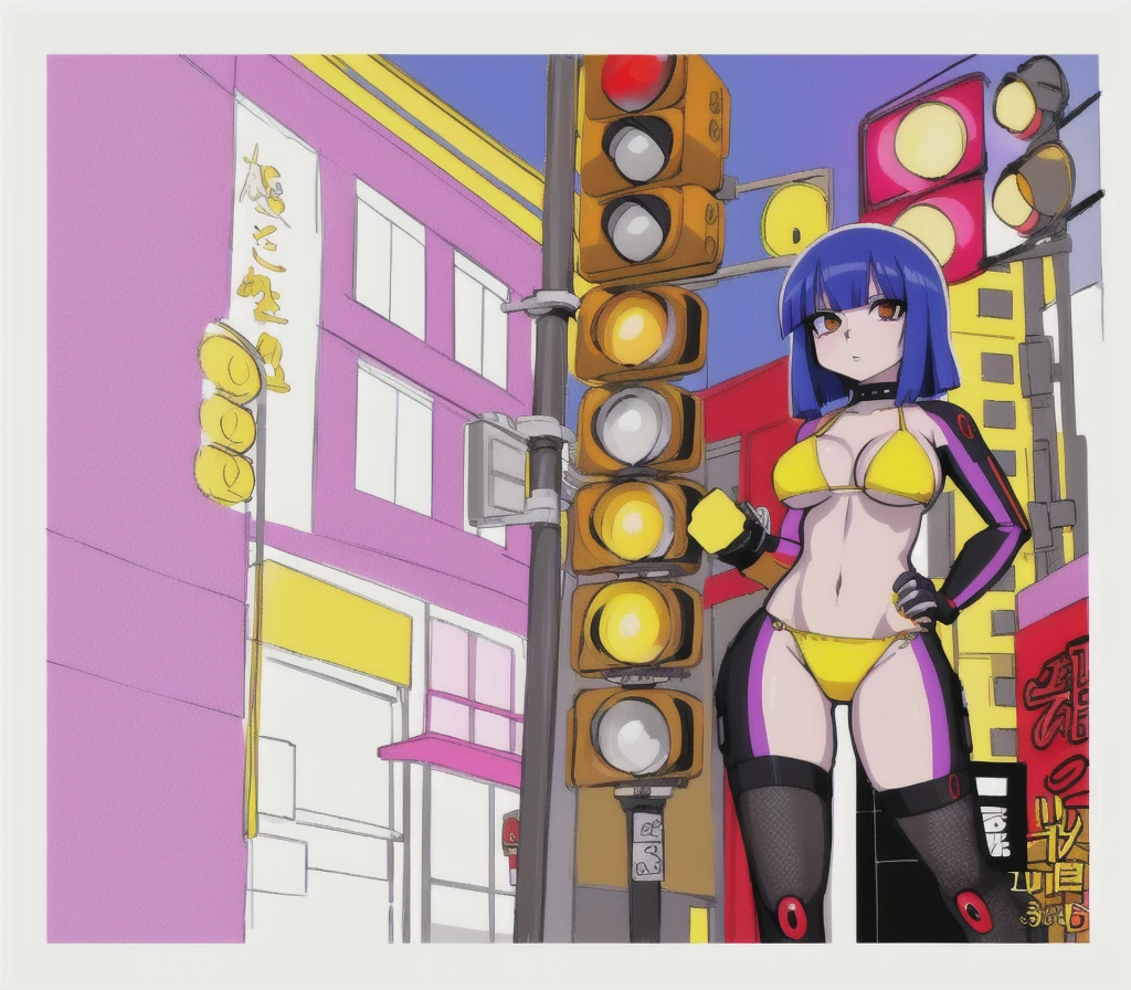 drawing of a woman in a yellow ?????? next to a traffic light, some red and purple and yellow, some red and yellow, inspired by Tadanori Yokoo, digital art. colorful comic, [ digital art ]!!, [ conceptual art ]!!, colored sketch anime manga panel, biomechanical oppai, comic digital art, digital art!!, lowres