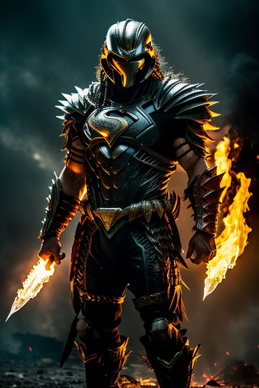 a combination of superman and predator from the film predator, wearing a metal head and face covering, standing proudly in a fighting pose, the background reflects a battle, flames are blazing.