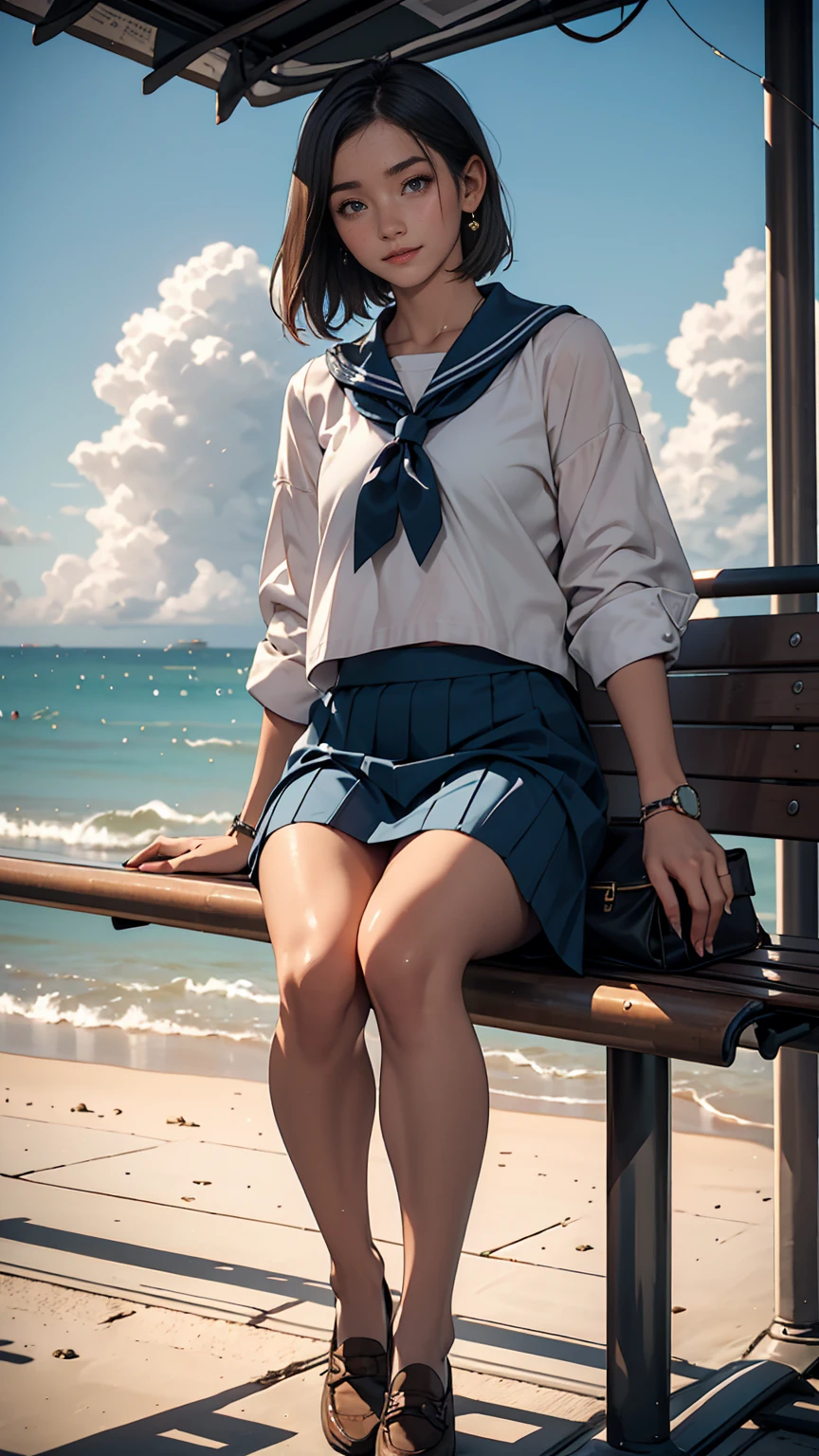 ((最high quality, 8K, masterpiece: 1.3, Ultra HD, high quality, 最high quality, High resolution, realism)) 、An extremely beautiful 18-year-old Japanese woman、hair color is black、Iriedium Hair、Straight Hair、smile、Fashion model body type、I want my head to stay off screen、Walk on a high seawall at the beach、I put my hand on my forehead and look at the sea、The blue sky is beautiful、There is an entrance cloud、It&#39;s summer、Sailor suit((Summer clothes))wear、Wear a navy blue pleated skirt、wear loafers、There is a bus stop that looks like a hut on the coastline road where you can see the ocean.、Sit on a bench at the bus stop、The sea breeze feels good