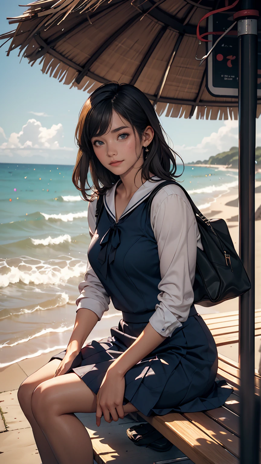 ((最high quality, 8K, masterpiece: 1.3, Ultra HD, high quality, 最high quality, High resolution, realism)) 、An extremely beautiful 18-year-old Japanese woman、hair color is black、Iriedium Hair、Straight Hair、smile、Fashion model body type、I want my head to stay off screen、Walk on a high seawall at the beach、I put my hand on my forehead and look at the sea、The blue sky is beautiful、There is an entrance cloud、It's summer、Sailor suit((Summer clothes))wear、Wear a navy blue pleated skirt、wear loafers、There is a bus stop that looks like a hut on the coastline road where you can see the ocean.、Sit on a bench at the bus stop、The sea breeze feels good