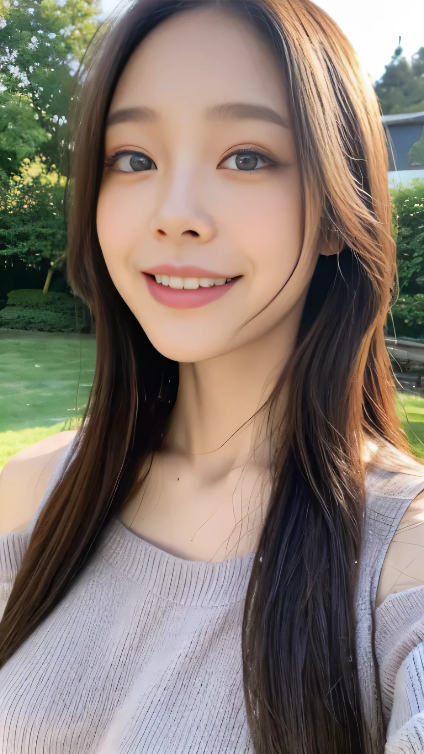 ((highest quality, 8K, masterpiece:1.3)), concentrated:1.2, Perfect body beauty:1.4, Hips:1.2, ((Delicate Hair)), (Colorful Solid Cold Shoulder Oversized Sweater、 :1.1) , ((highest quality、8K、masterpiece:1.3))、1 Girl、A sloppy smile、Esbian all over、Slim face、Big 、Beautiful woman、(Dark Brown Hair)、、1.1、Flickering Valley、Detailed eyes、double eyelid、Blurred Background、超Slim face、Looking down、garden、