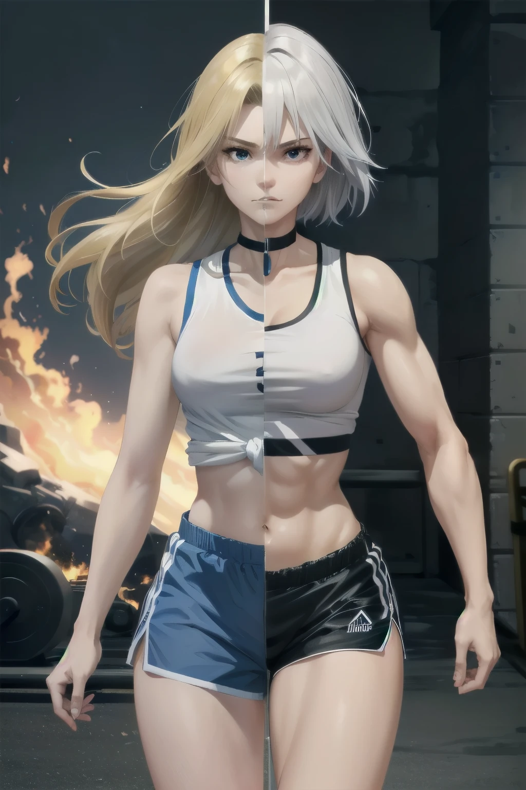 ((ultra detailed, masterpiece, absurdres)) Workout gym background, Body facing viewer,SplitScreen, split screen, DOAHelena, 1girl, long hair, blonde hair, in training wears, navel (choker, blue choker), (Sport shirt, White shirt, Blue outline on shirt, the shirt is tied, Sleeveless), watch on the wrist, (Sport shorts, Blue Shorts), Angry faces, clenched teeth