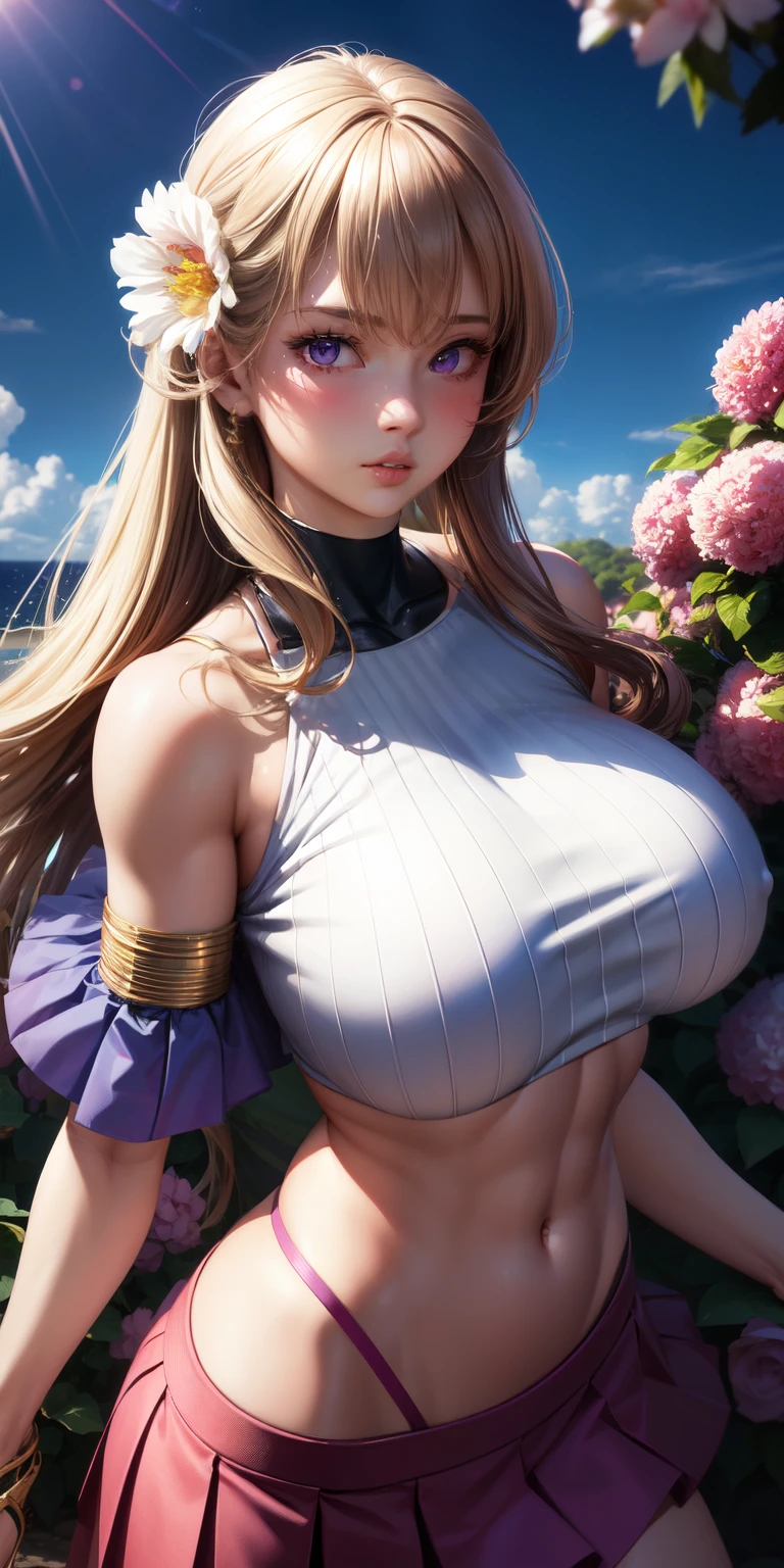 realistic, 1girl, hair round big tits. slightly muscular body, hot sexy body, white, purple eyes, shining eyes, crop top, skirt, open lips, blush, night, flowers, sun, sunshine,