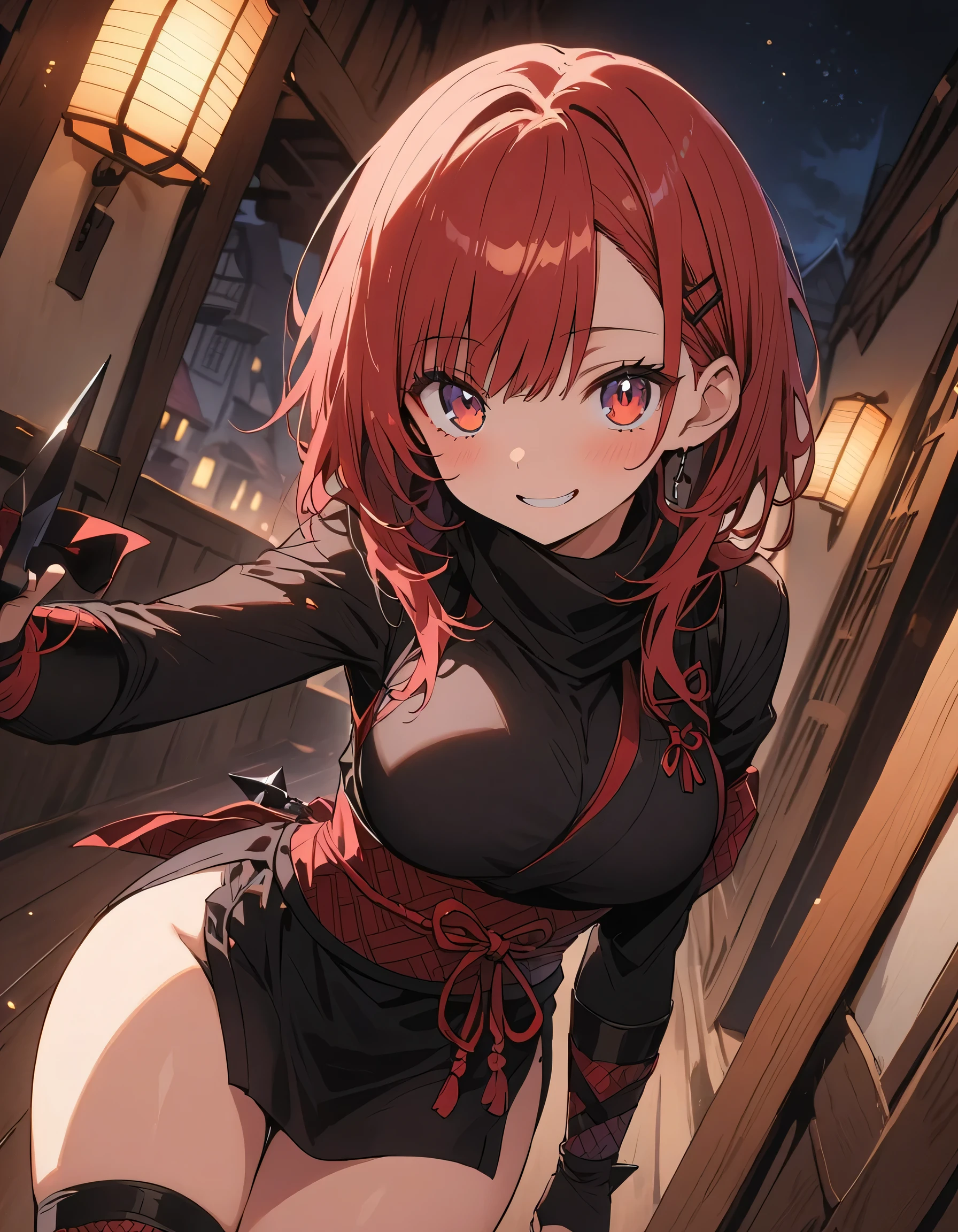 Beautiful girl, Female ninja,Female Ninja、 Short Red Hair, Sparkling brown eyes, (arms、Kunai), a purple and pink , (lit),Thighs、 Castle town background at night, Japanese Castle Town、Complex details,(highest quality、masterpiece、High resolution、detailed)、anime style、Flat Style、(Shining Eyes、Beautiful Face), BREAK,extremely detailed(The Shining), Best lighting, Best Shadow、High saturation、Dynamic Angle、anime