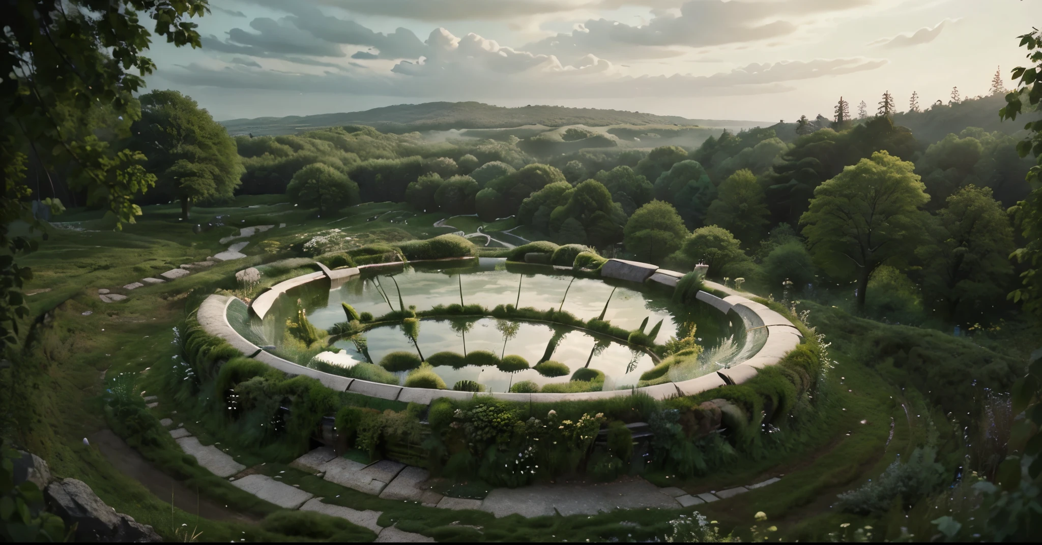 4K ultra-high-definition image of a large, circular window embedded at ground level, seamlessly integrated into the natural landscape. This window acts as a portal revealing a view into a deep, expansive underground hotel. The design emphasizes the harmony between the untouched environment above and the innovative, luxurious subterranean architecture beneath, inviting a glimpse into a hidden world of elegance and greenery.