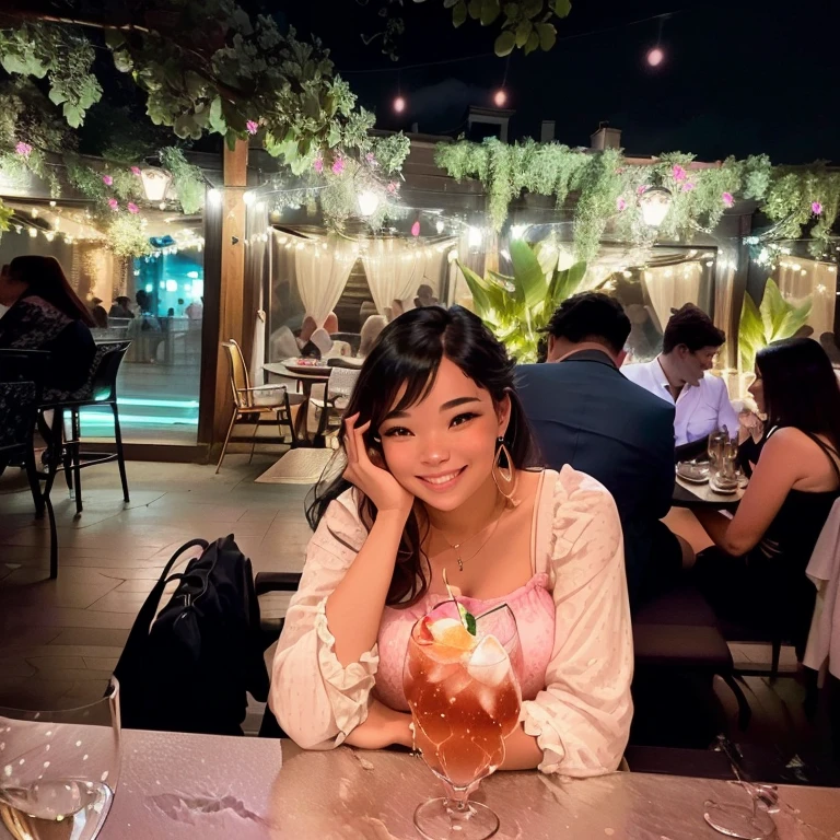 smiling woman sitting at a table with a drink in a glass, at night time, candid picture, at the terrace, candid photo, with a figure in the background, with glowing lights at night, having a great time, comfy ambience, having a good time, not blurry, at night, 🤬 🤮 💕 🎀, candid photography, slightly blurred