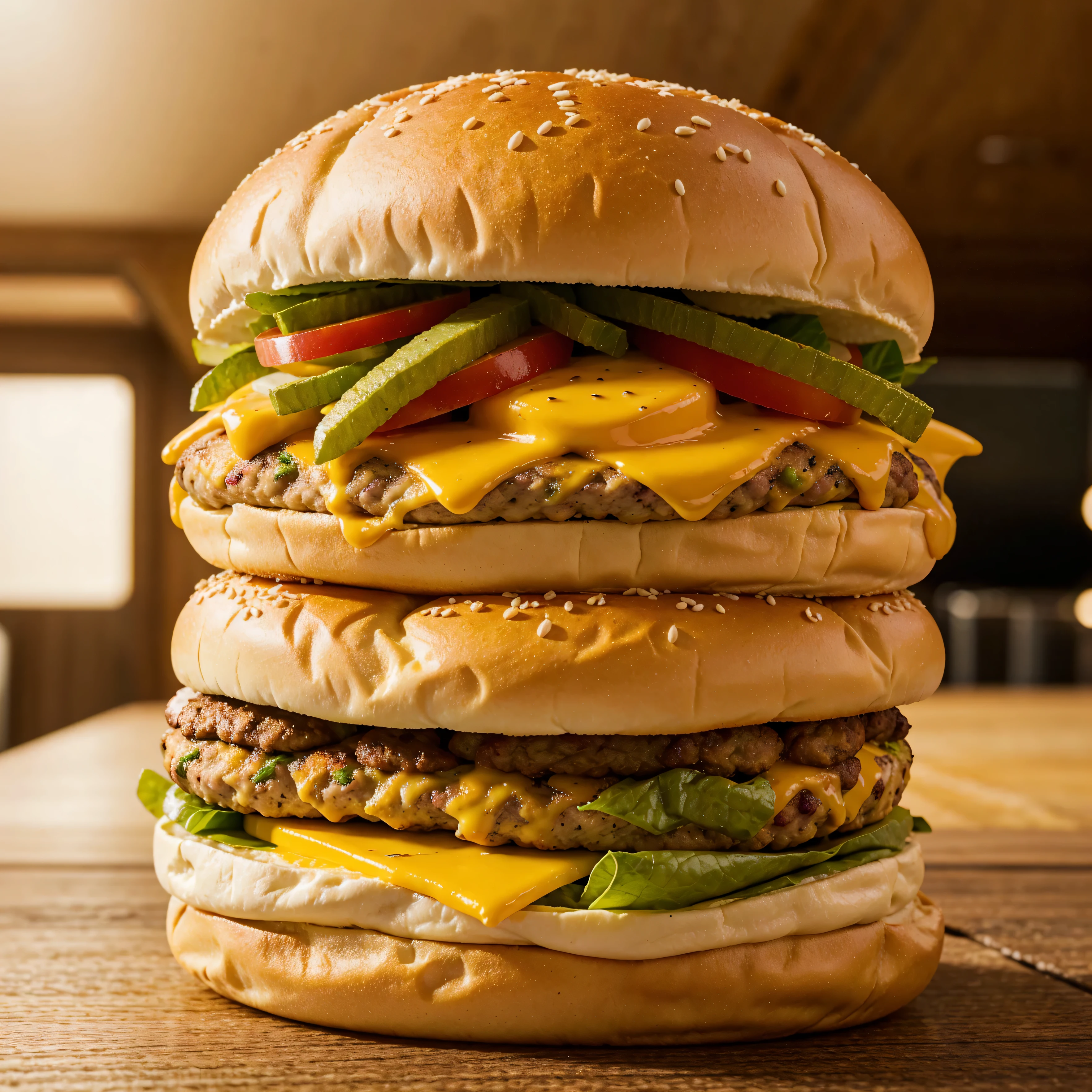 a Cheese Whooper Burger on wood table, bright, colorfully, high quality resolution, no blur picture, front view