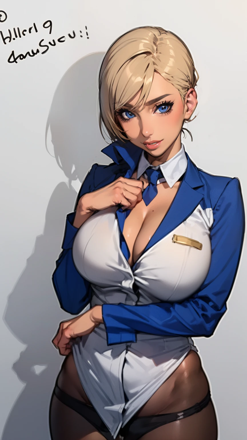 ((masterpiece)),(((best quality))),((character design sheet)),((rough sketch)),((vulgar)),thick thighs,1girl,blond hair,big ,((between breasts)),pussy juice,wearing an Wet sexual stewardess uniform,shirt harf lift,milking