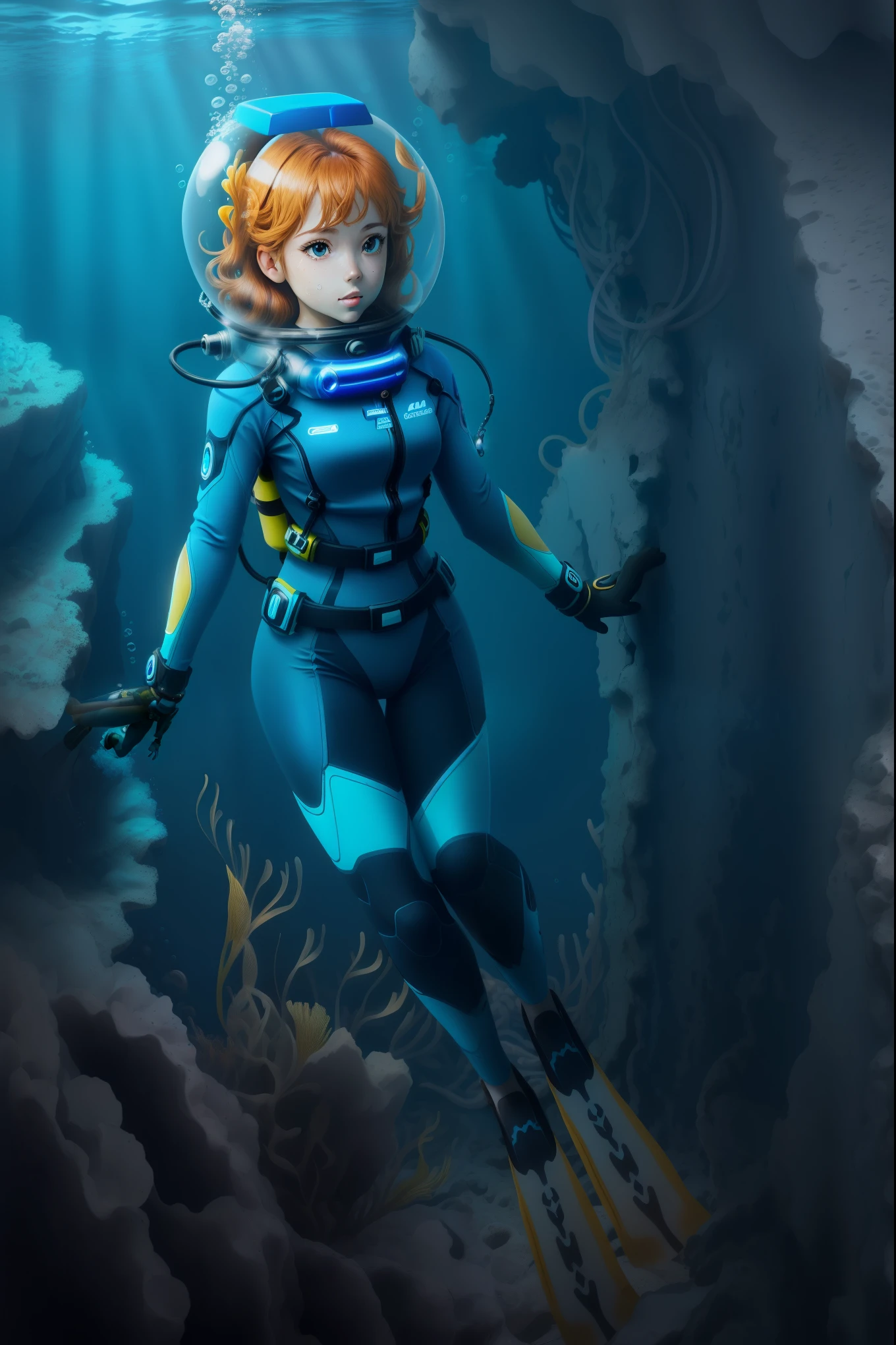 Pretty female scuba diver swimming underwater, ultra detailed, ((full body diving suit)), gloves, sharp focus, crystal clear, masterpiece, (1girl), (alone), ((underwater)), weight belt, ((lama scuba helmet)), (diving watch), (((deep sea dive))), ocean abyss, dim blue lighting, caustic effects, ((perfect anatomy)), ((perfectly drawn face)), ((perfectly drawn hands)), ((perfectly drawn eyes)), (Yellow fins), underwater background, anime still, colourful fish school, [fish], (coral reef), alguae, high tech wreckage, high tech machinery, (spaceship wreckage), (alien technology fragments), in the style of style-nebula, ((rising air bubbles))