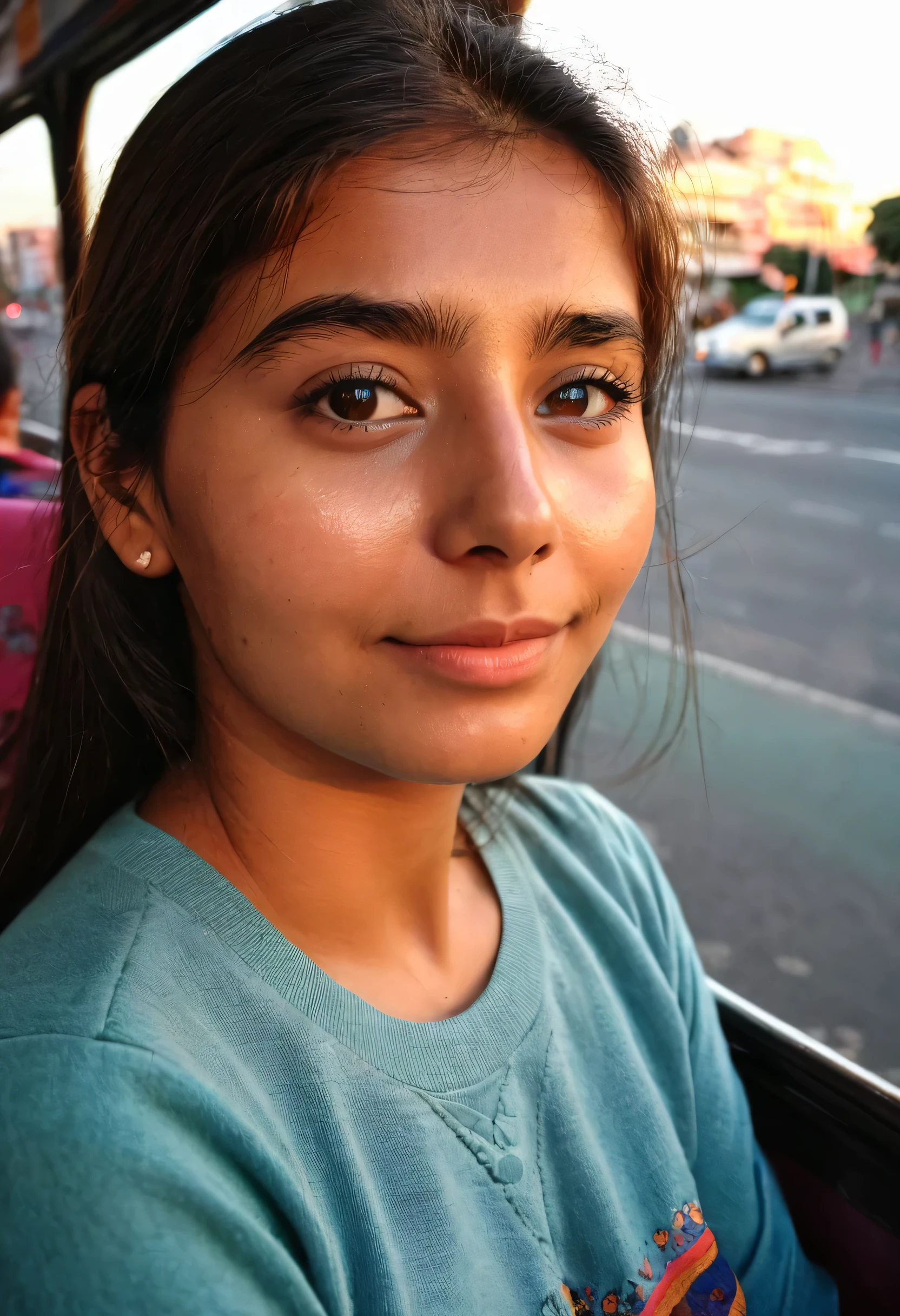 I was about 20 years old, en un autobus,, fondo de la ciudad,atardecer, (mejor calidad: 0.8), (mejor calidad: 0.8), Cara oscura y poco clara, ojos brillantes