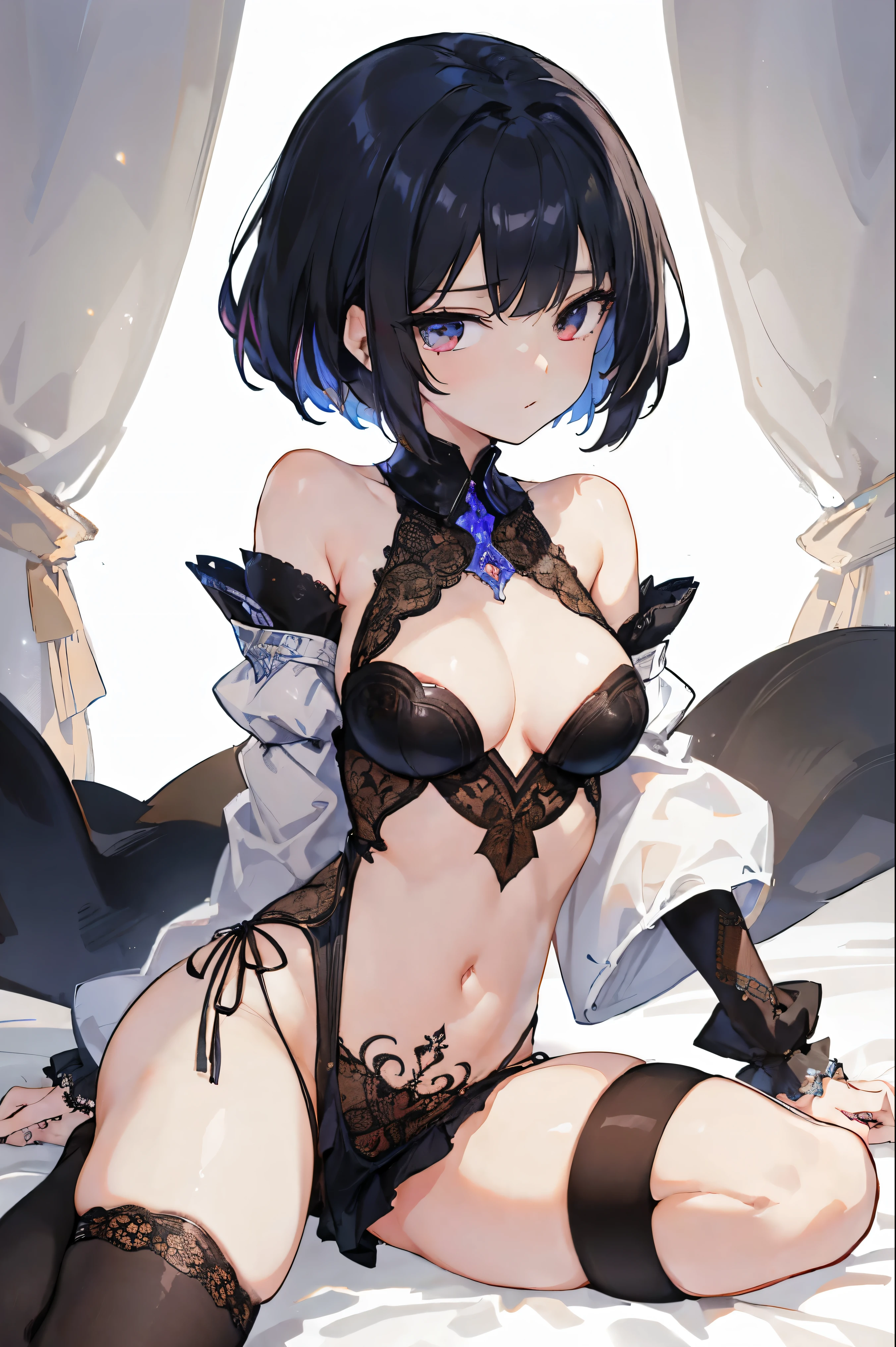 1girl, anime, cute girl, blank background, white background, fantasy, detailed fantasy dress with highlights, beautiful face, beautiful eyes, dark colors, black hair with multicolor streaks, red eye with different color pupil in eye, multicolor eye, medium breasts, slight cleavage, beautiful skin, cute, breast curtains, extremely delicate and beautiful, (beautiful detailed face:1.0), (detailed deep eyes), symmetrical breasts, deep eyes, shiny skin, portrait, slender waist, hips wider than shoulders, thighs, expressionless, young girl, luminous eyes, adorable,(Kpop idol),(aegyo sal:1),(Platinum blonde hair:1),((puffy eye)),Black panty,sexy posture,Superskirt, Ultra-high resolution,Black collar,slim figure, Abdominal y tattoo, womb tattoo,Tight-fitting leg ring,y tattoo on half-body,Bare skin, Armored hand,Hidden fingertips,Hand covered,Arm covered,Fist covered,{{beautiful detailed fingers}}, tufts of hair, moderate beautiful breast:1.0,(masterpiece:1.2), best quality, high-res, HDR, perfect face, intricate armor, delicate blue filigree, intricate filigree, red metalic parts, detailed part, dynamic pose, dynamic lights, cute face, neutral expression