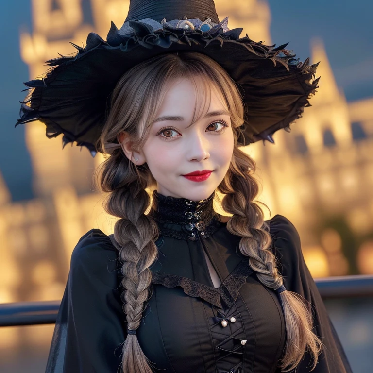 (Fantasy art:1.3),(Grimm's Fairy Tales),(Portrait of a witch with a magic wand:1.3),(Apple),(Cinderella Castle in the background:1.3),(((victorian gothic dress:1.3))),(((worn by a black witch,Big hat:1.3))),(Dresses that emphasize big breasts:1.3).Pretty and beautiful girl,Cute round face,Cute Smile,Blushing,Red lips,(Silvery white hair,Floral knit headband,Half Up、Floral braided space buns,Voluminous fishtail braid,Twisted pan,),(The bangs are see-through),hairpin,hair ornaments,Detailed clothing features,Detailed hair features,Detailed facial features,(Dynamic Angle),(Dynamic and sexy pose),Cinematic Light,(Tabletop,highest quality,Ultra-high resolution output images,Depth of written boundary,Intricate details,The contrast of light and shadow makes the subject appear three-dimensional,) ,(8k quality,Anatomically correct facial structure,),(SeaArt 2 Mode:1.3),(Picture Mode Ultra HD,)