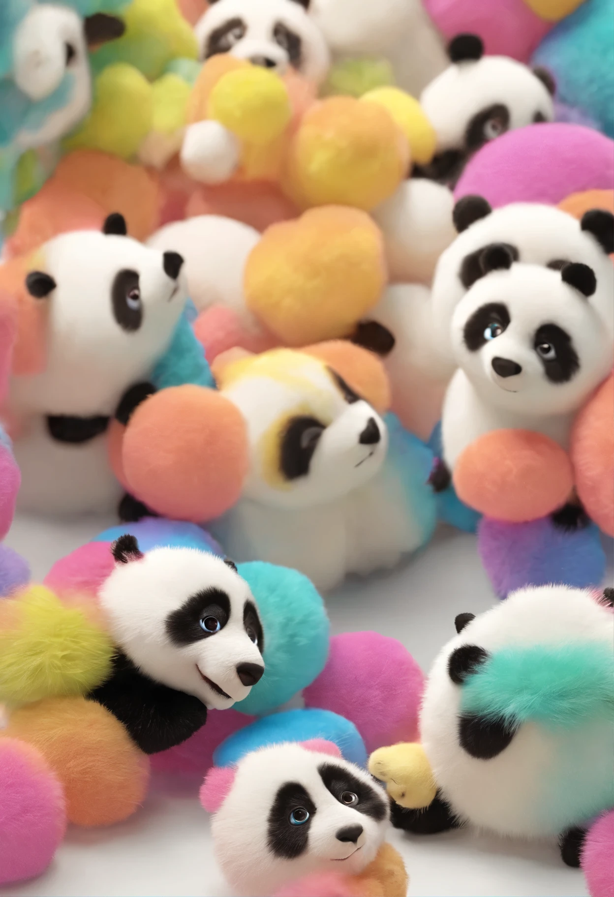 4KCute panda mother with cute furry panda cubs rolled up realistically on white background, Detailed fur texture, Quiet and natural mood, Soft lighting. ●AR4:5 - sec 400 - rainbow 5