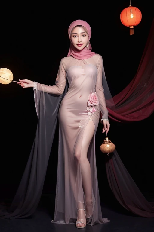 Masterpiece, Best, Night, Full Moon, 1 Indonesian girl, wearing hijab, transparent Chinese Style, Older Sister, Voluptuous expression, sweet smile, girl in rose red hijab mix black, Pale Pink Lips, Intellectual, see-through dress, flower ball background , street view